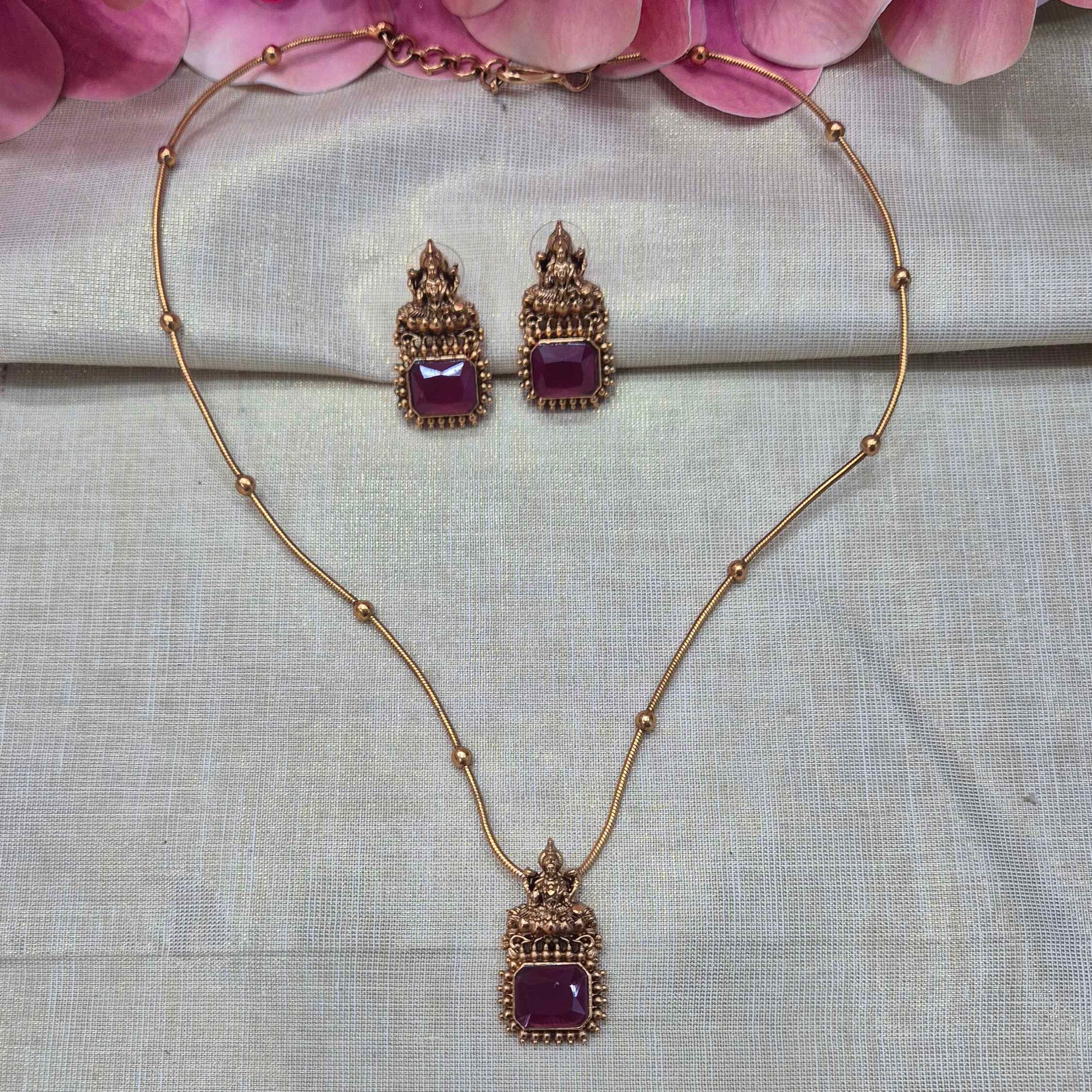Minimal Temple Pendant Necklace Set with Ruby Stone & Lakshmi Motif | Antique Gold Traditional Jewelry