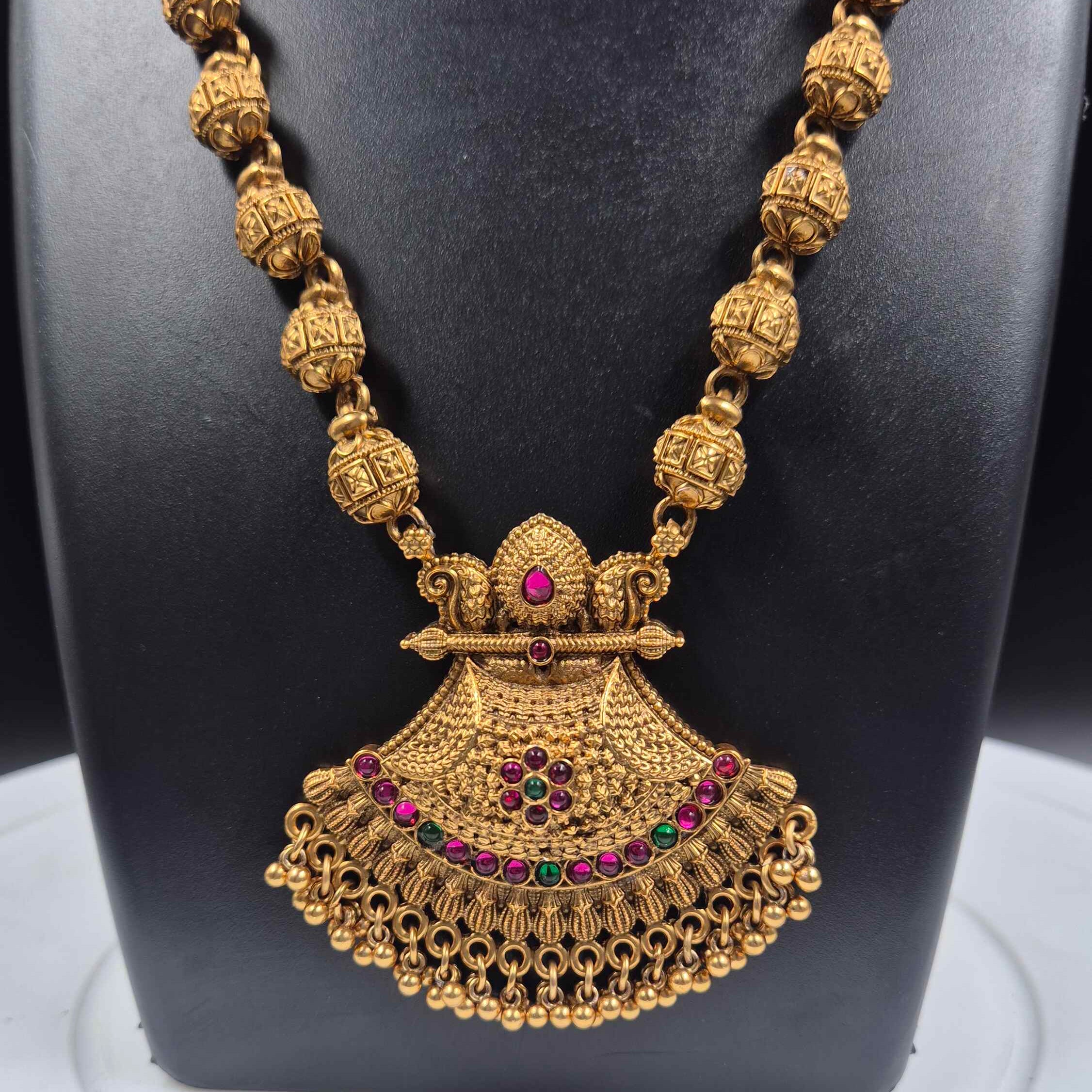 Antique Gold Long Haram Necklace Set with Statement Pendant & Jhumka Earrings | Traditional Temple Jewelry