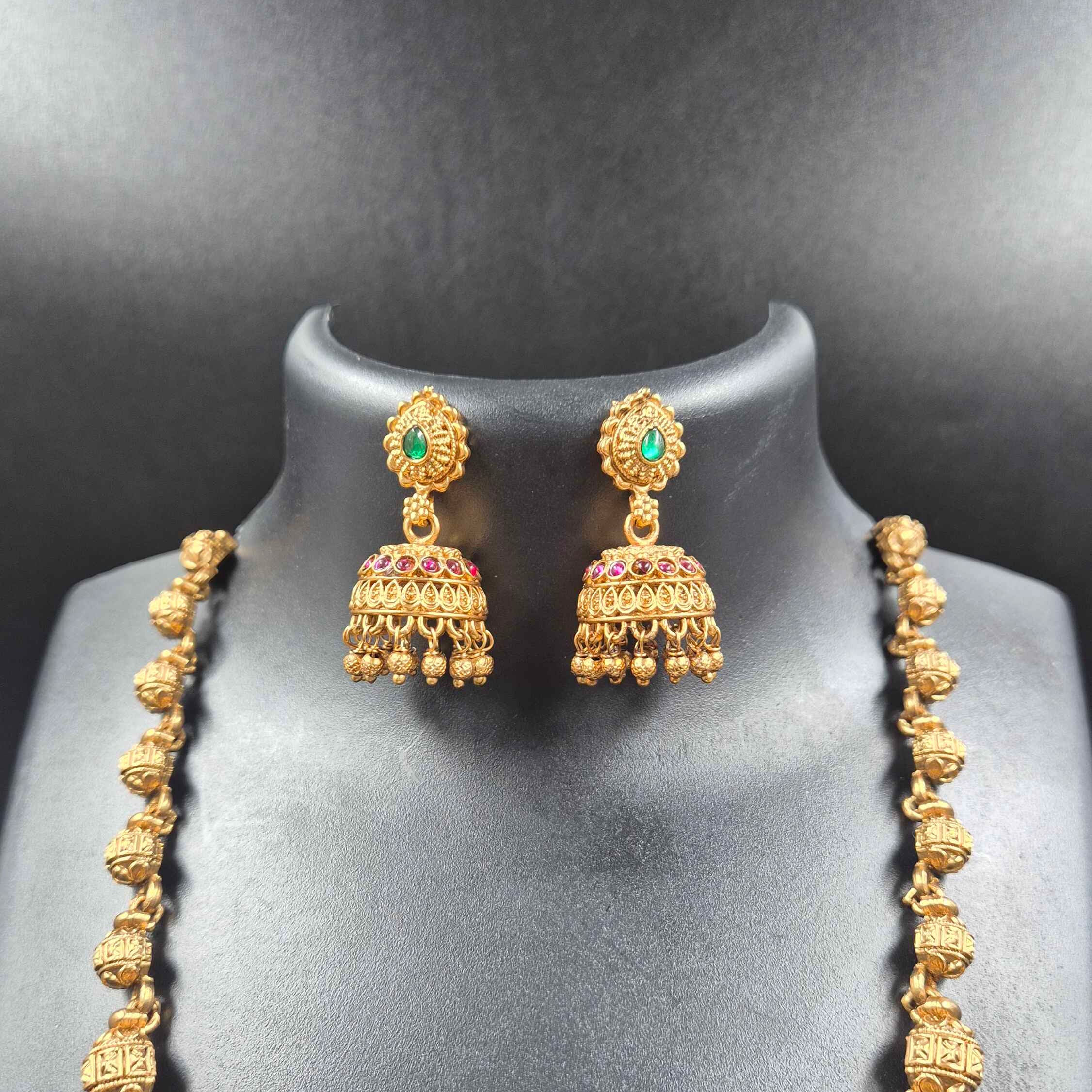 Antique Gold Long Haram Necklace Set with Statement Pendant & Jhumka Earrings | Traditional Temple Jewelry