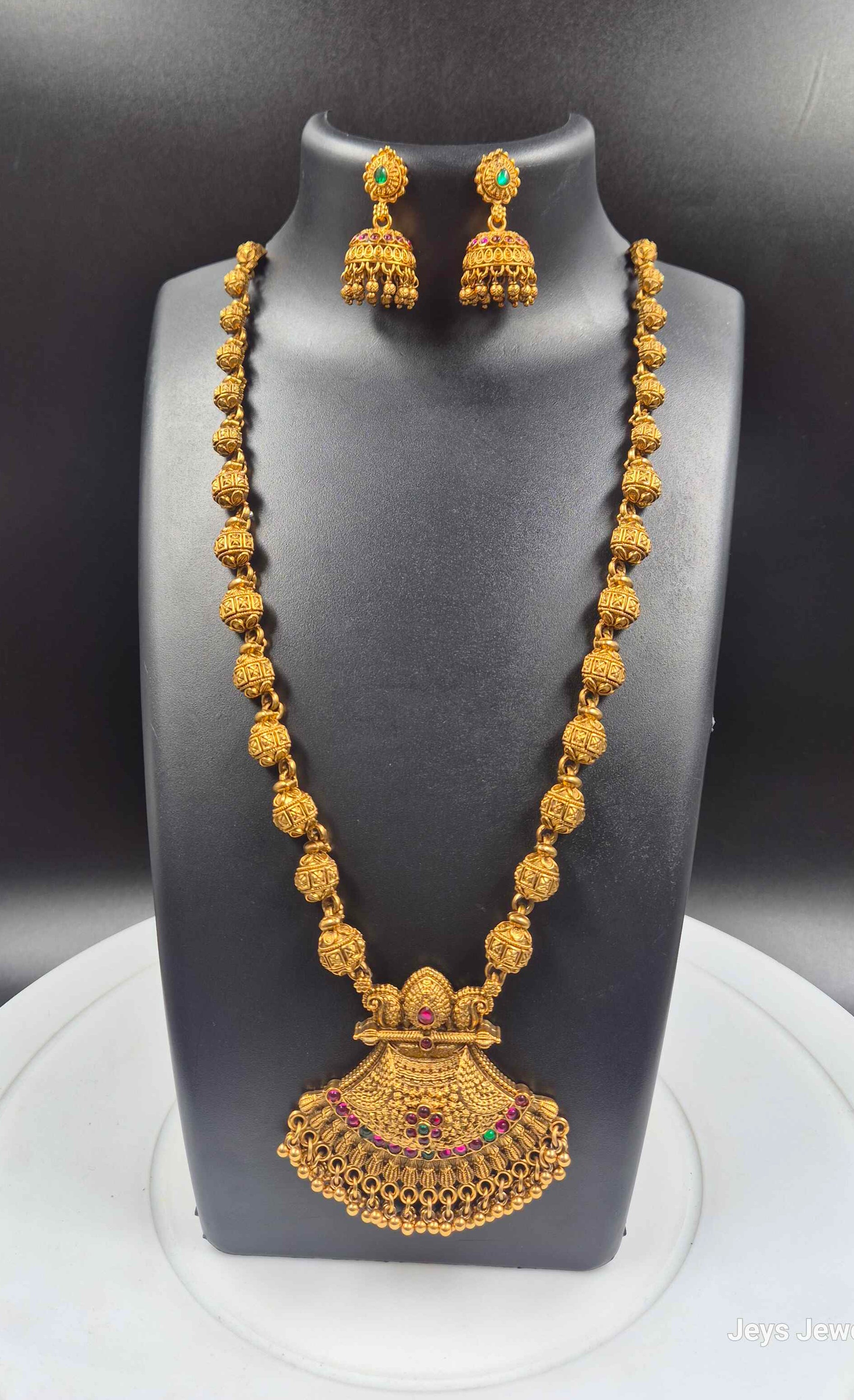 Antique Gold Long Haram Necklace Set with Statement Pendant & Jhumka Earrings | Traditional Temple Jewelry