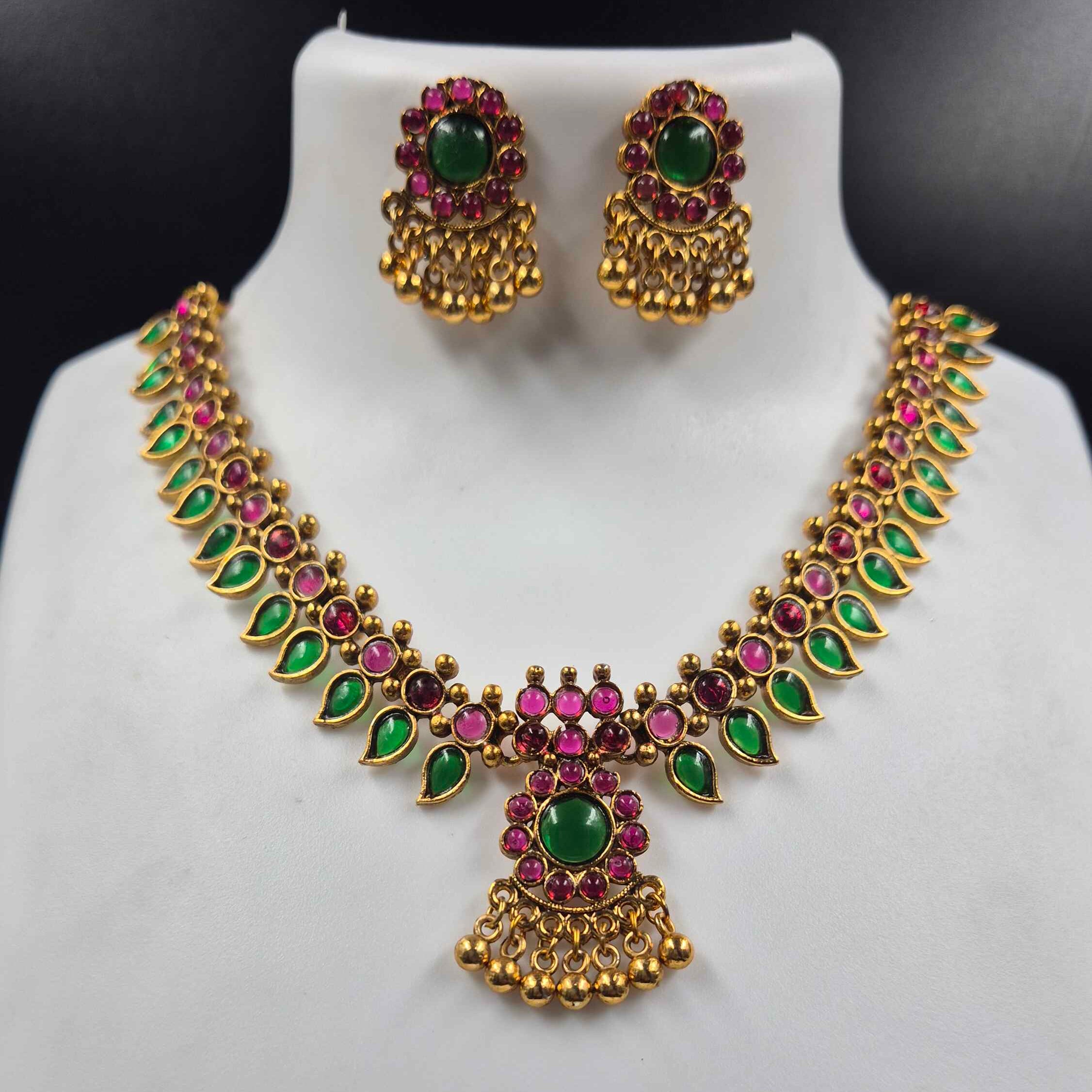 Kerala Green palakkawith  Pink Stone Necklace Set with Matching Earrings | Traditional Kerala Bridal Jewelry