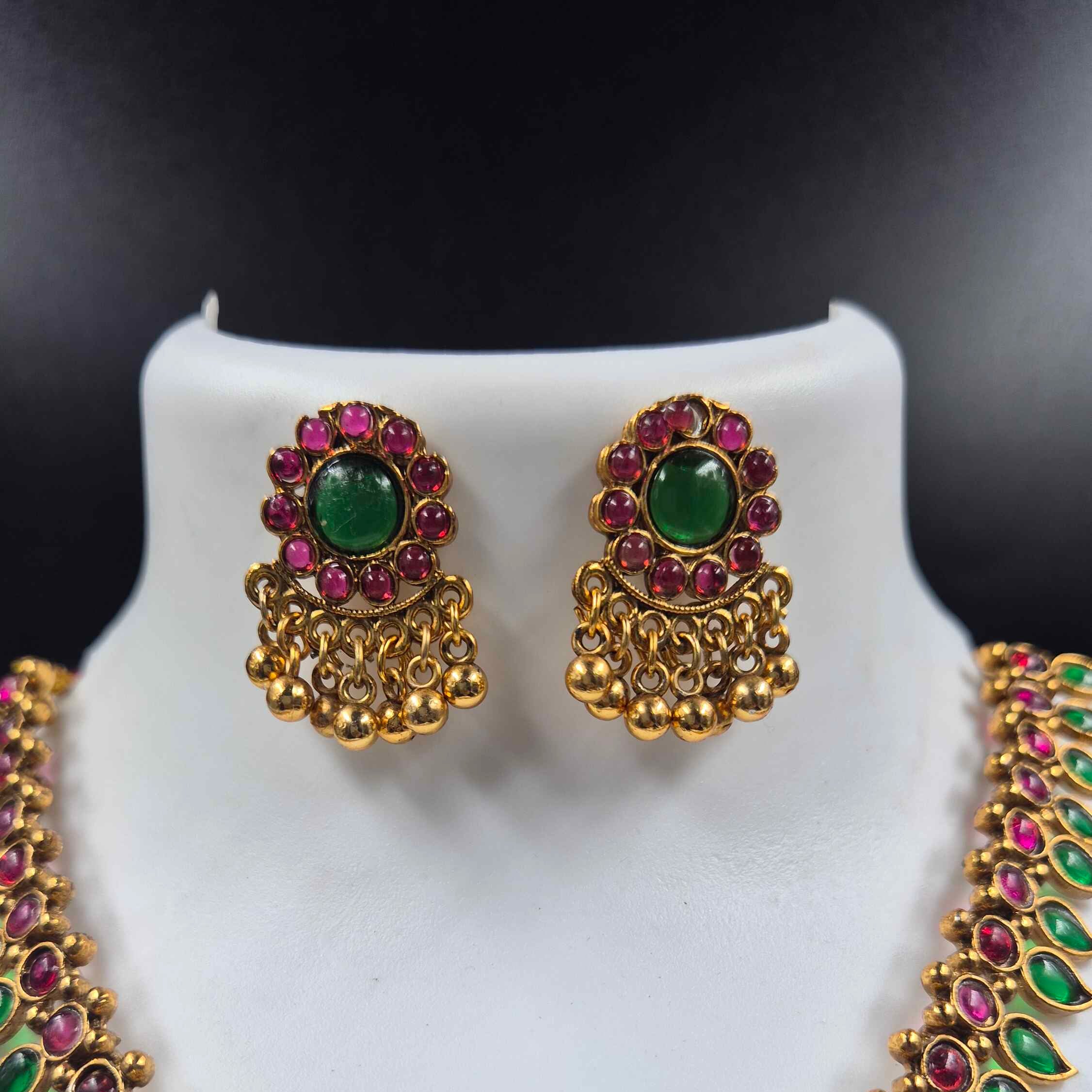 Kerala Green palakkawith  Pink Stone Necklace Set with Matching Earrings | Traditional Kerala Bridal Jewelry