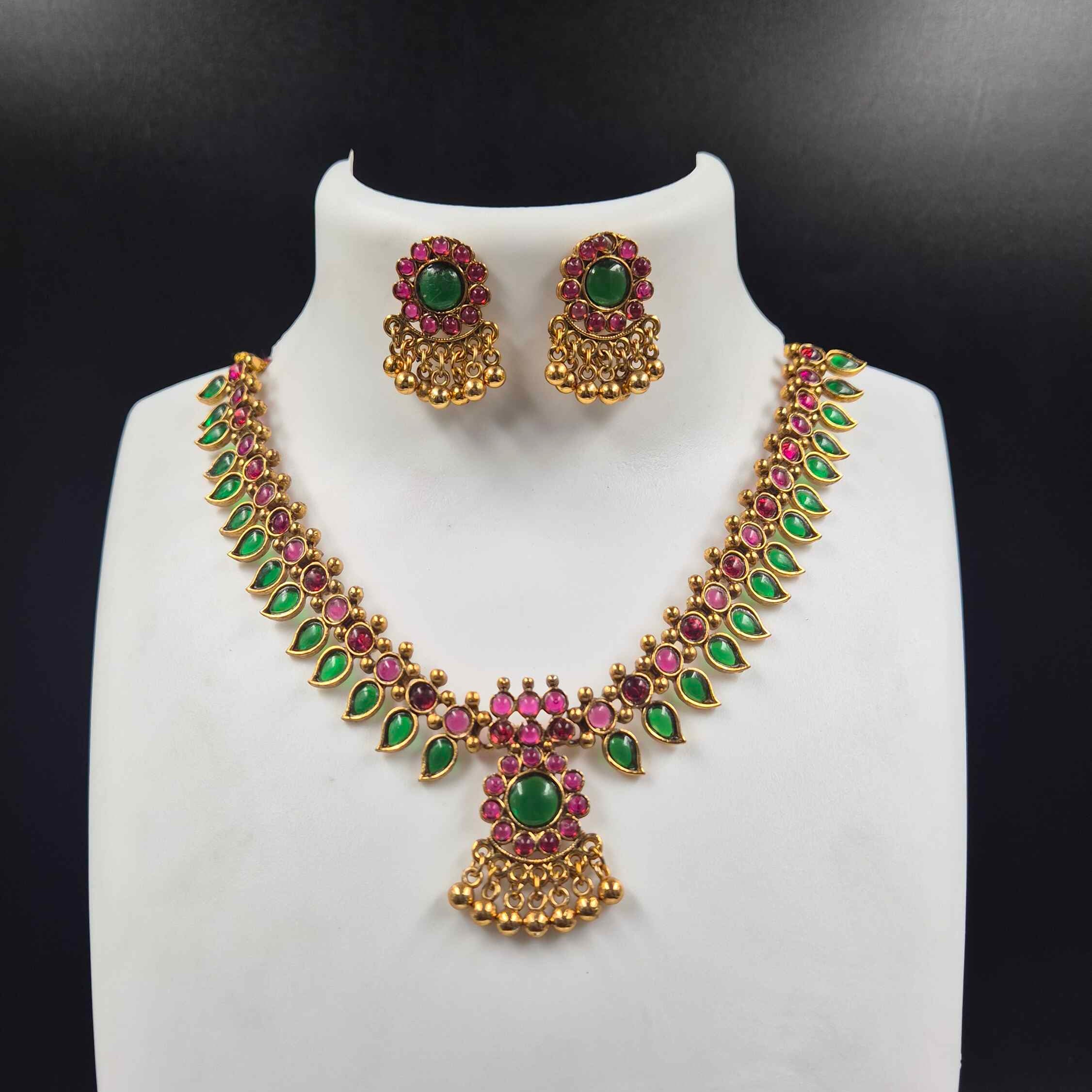 Kerala Green palakkawith  Pink Stone Necklace Set with Matching Earrings | Traditional Kerala Bridal Jewelry
