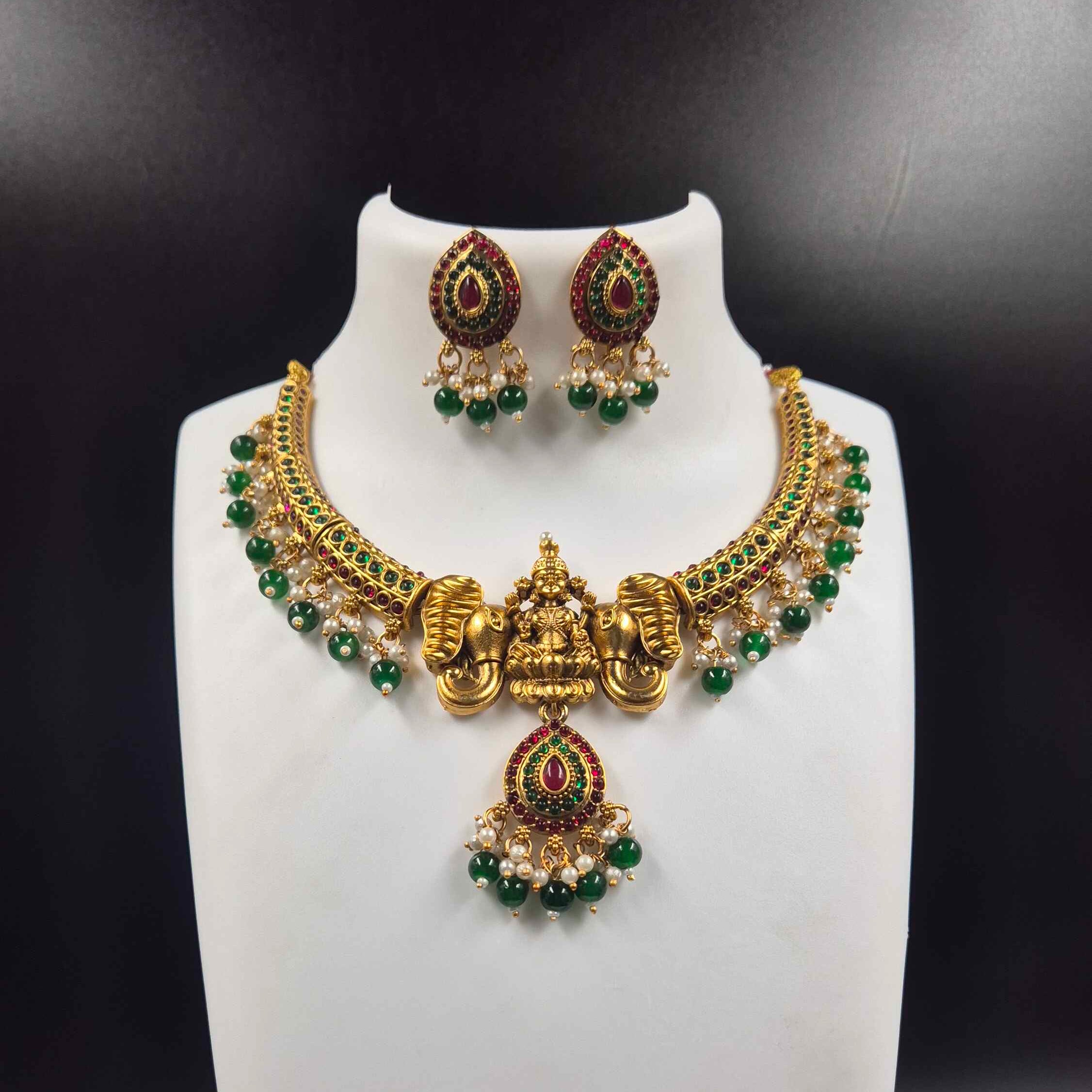 Gaja Lakshmi Temple Choker Necklace Set with Green Beads & Ruby Stones | Traditional South Indian Bridal Jewelry