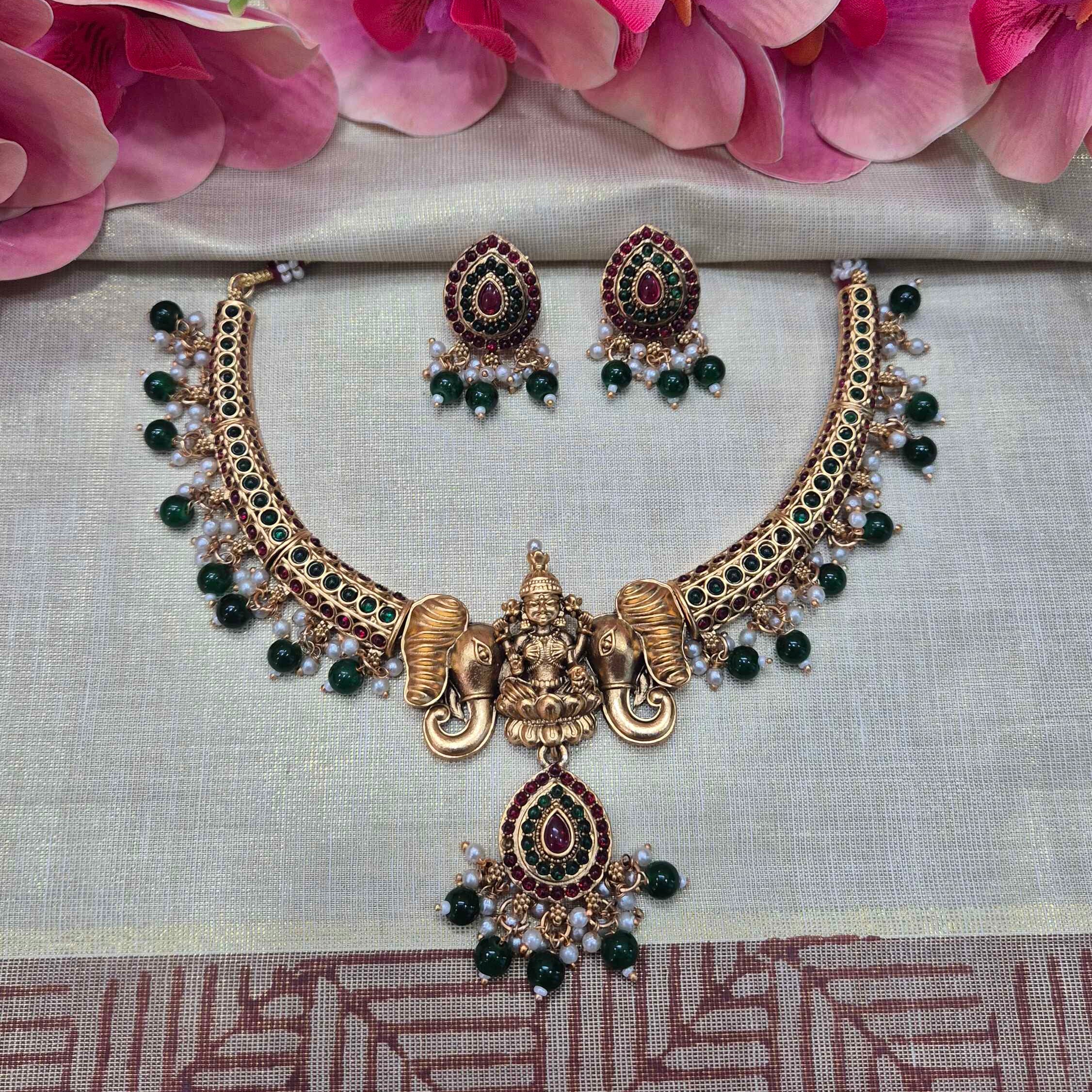 Gaja Lakshmi Temple Choker Necklace Set with Green Beads & Ruby Stones | Traditional South Indian Bridal Jewelry