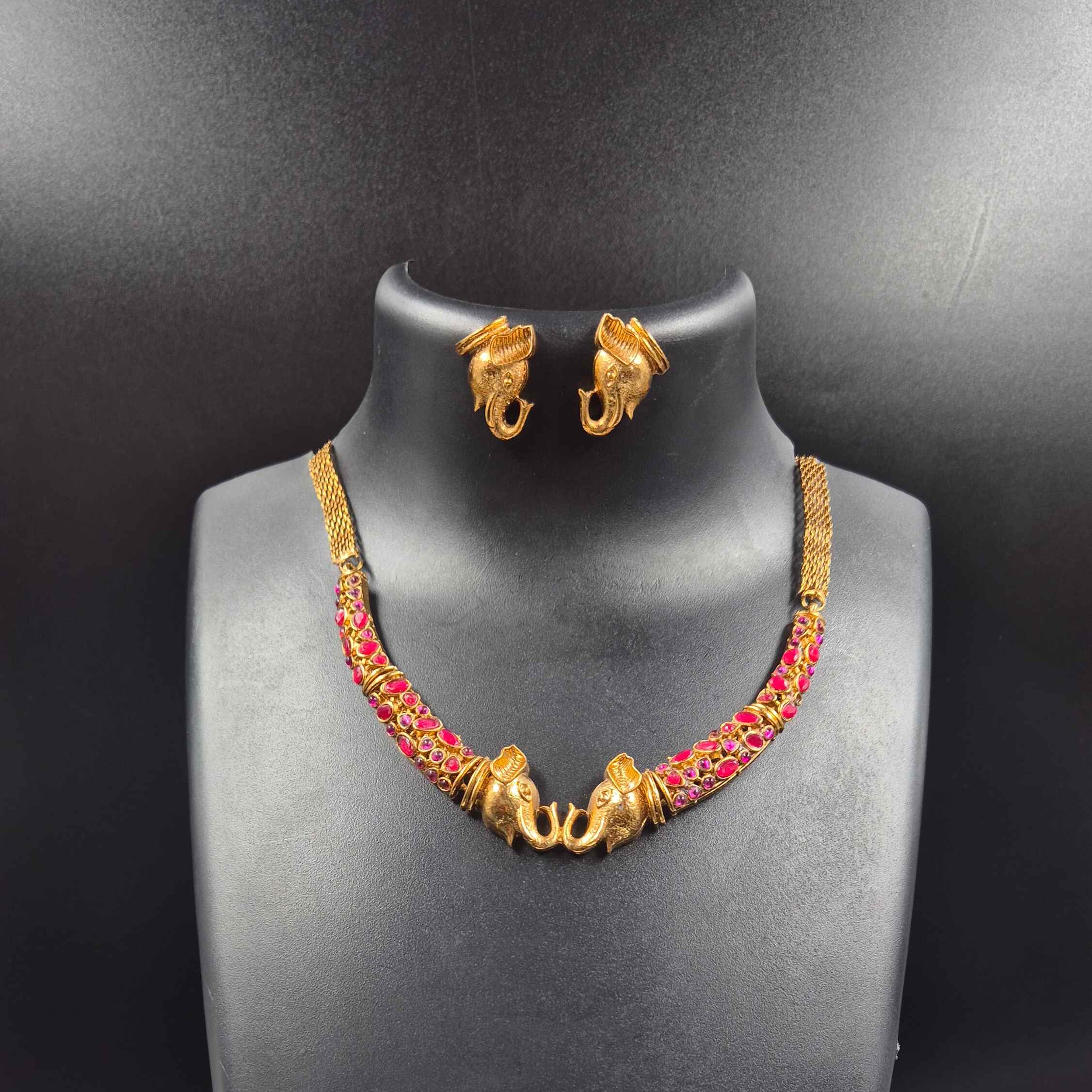 Antique Elephant Motif Ruby Stone Choker Necklace Set | Traditional South Indian Temple Jewelry