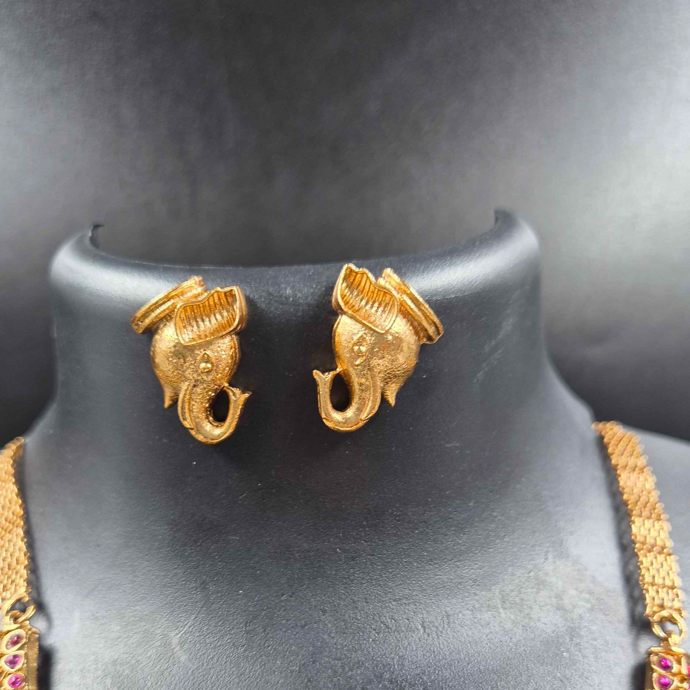 Antique Elephant Motif Ruby Stone Choker Necklace Set | Traditional South Indian Temple Jewelry