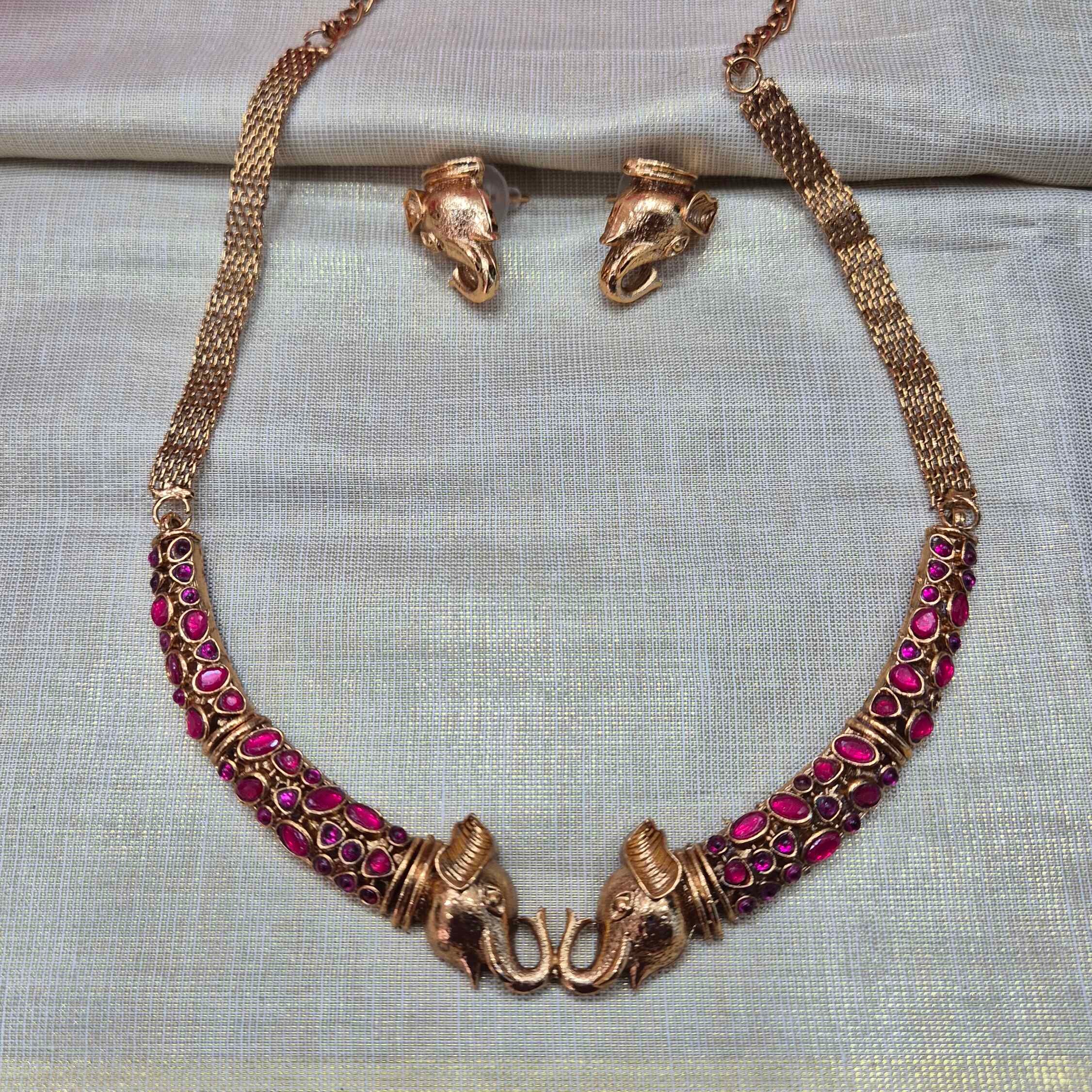 Antique Elephant Motif Ruby Stone Choker Necklace Set | Traditional South Indian Temple Jewelry
