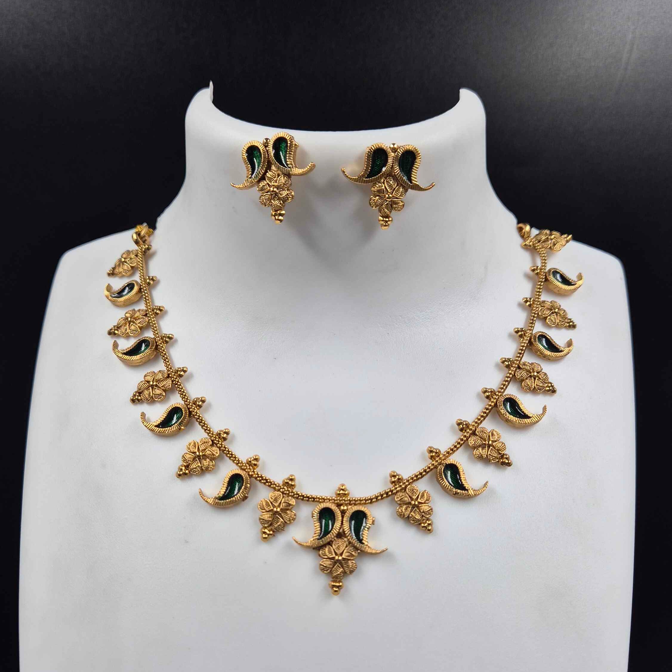 Kerala Traditional mango Necklace Set with Green Enamel Accents | Antique Gold Ethnic Jewelry