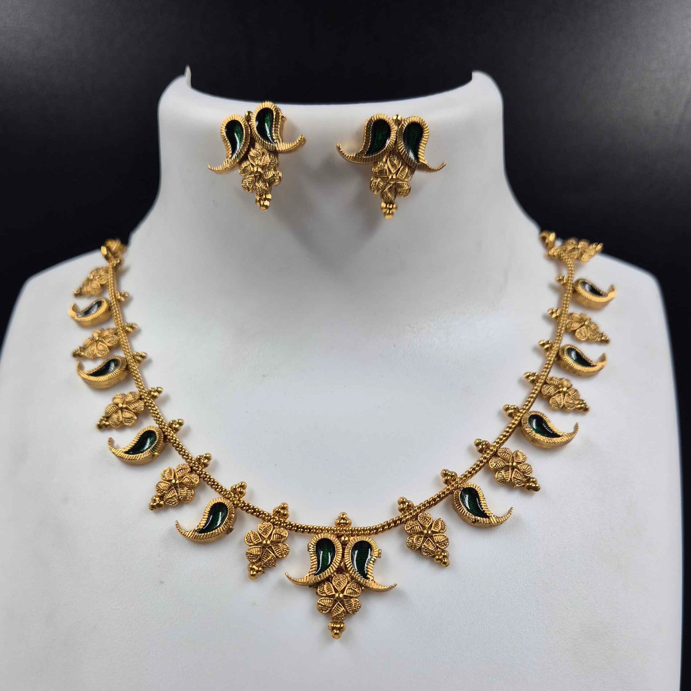 Kerala Traditional mango Necklace Set with Green Enamel Accents | Antique Gold Ethnic Jewelry