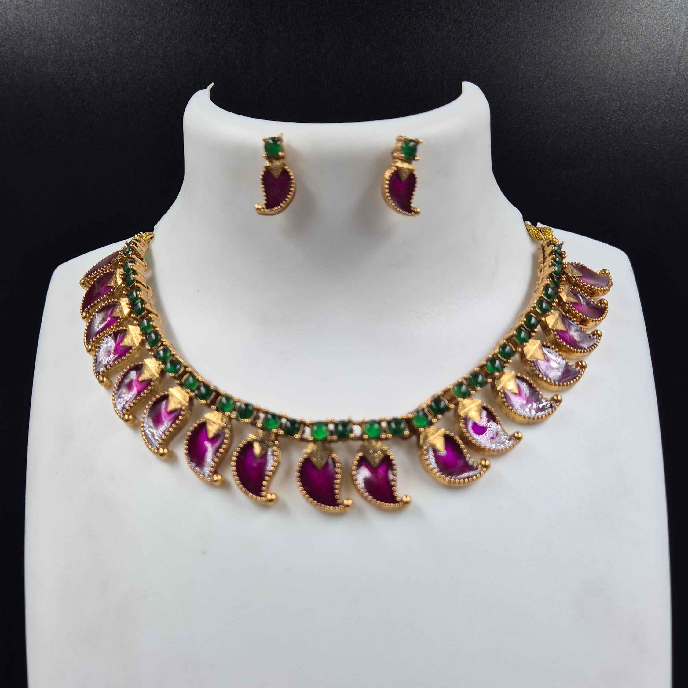 Antique Purple & Green Stone Choker Necklace Set with Pearl Jhumka Earrings | Traditional Ethnic Jewelrys | Traditional Kerala Bridal Jewelry