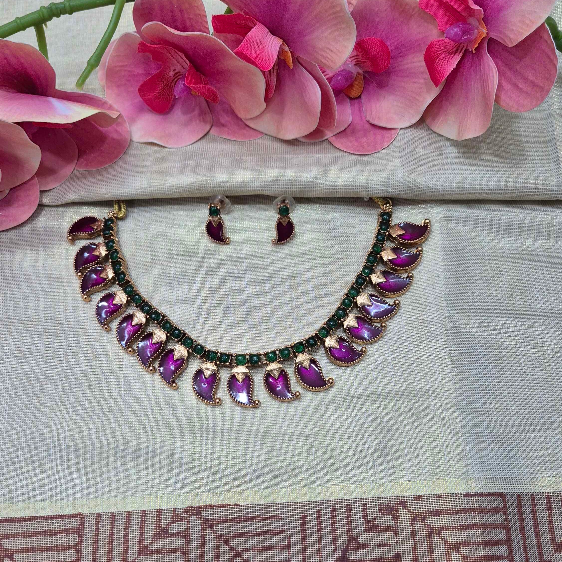 Antique Purple & Green Stone Choker Necklace Set with Pearl Jhumka Earrings | Traditional Ethnic Jewelrys | Traditional Kerala Bridal Jewelry