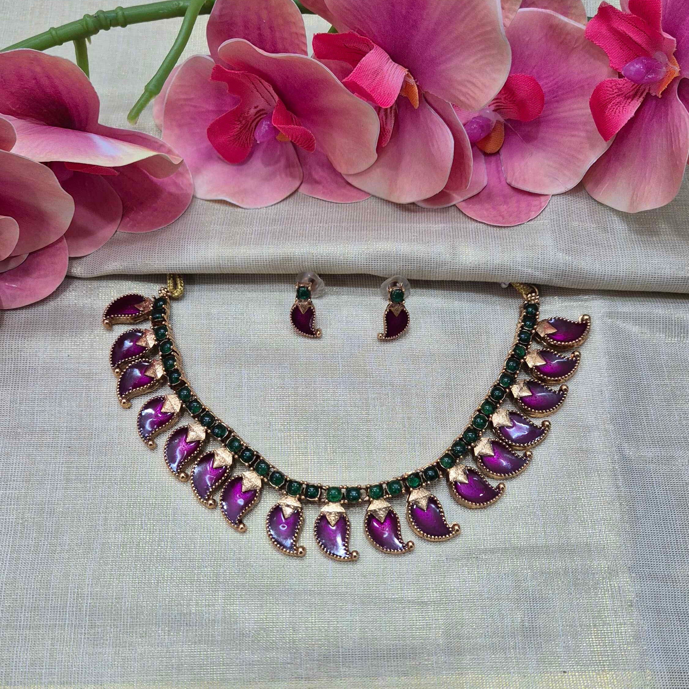 Antique Purple & Green Stone Choker Necklace Set with Pearl Jhumka Earrings | Traditional Ethnic Jewelrys | Traditional Kerala Bridal Jewelry
