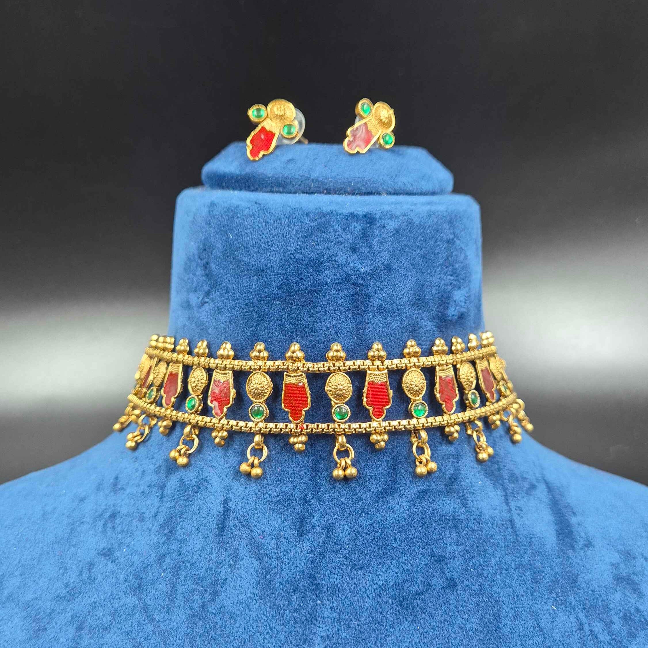 Kerala Traditional Choker Necklace Set with Red Enamel Motifs | Antique Gold Ethnic Jewelry