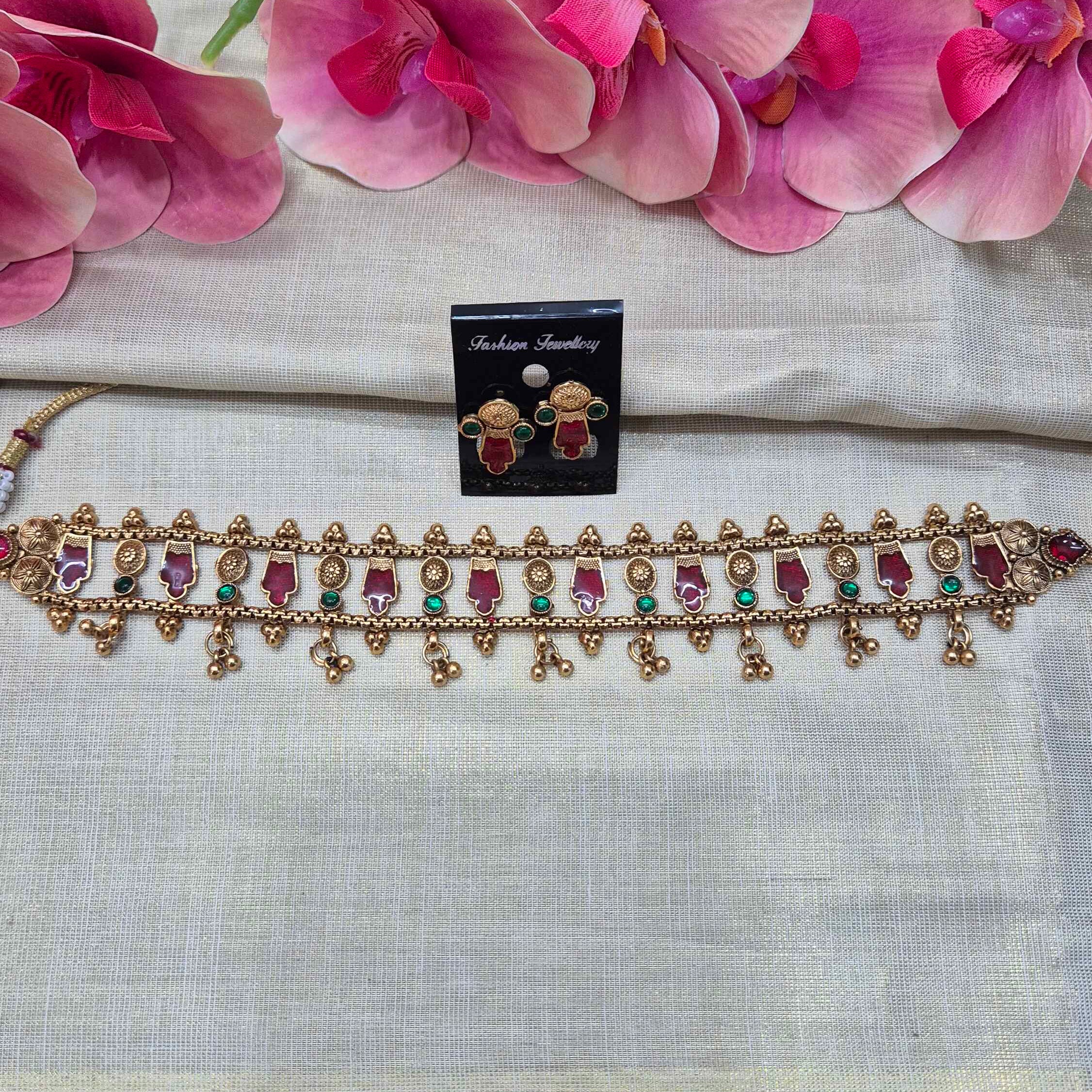 Kerala Traditional Choker Necklace Set with Red Enamel Motifs | Antique Gold Ethnic Jewelry