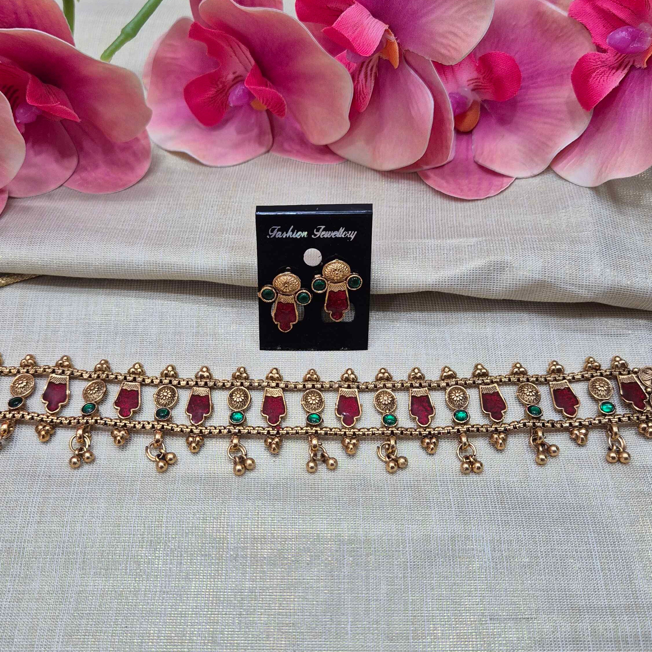 Kerala Traditional Choker Necklace Set with Red Enamel Motifs | Antique Gold Ethnic Jewelry