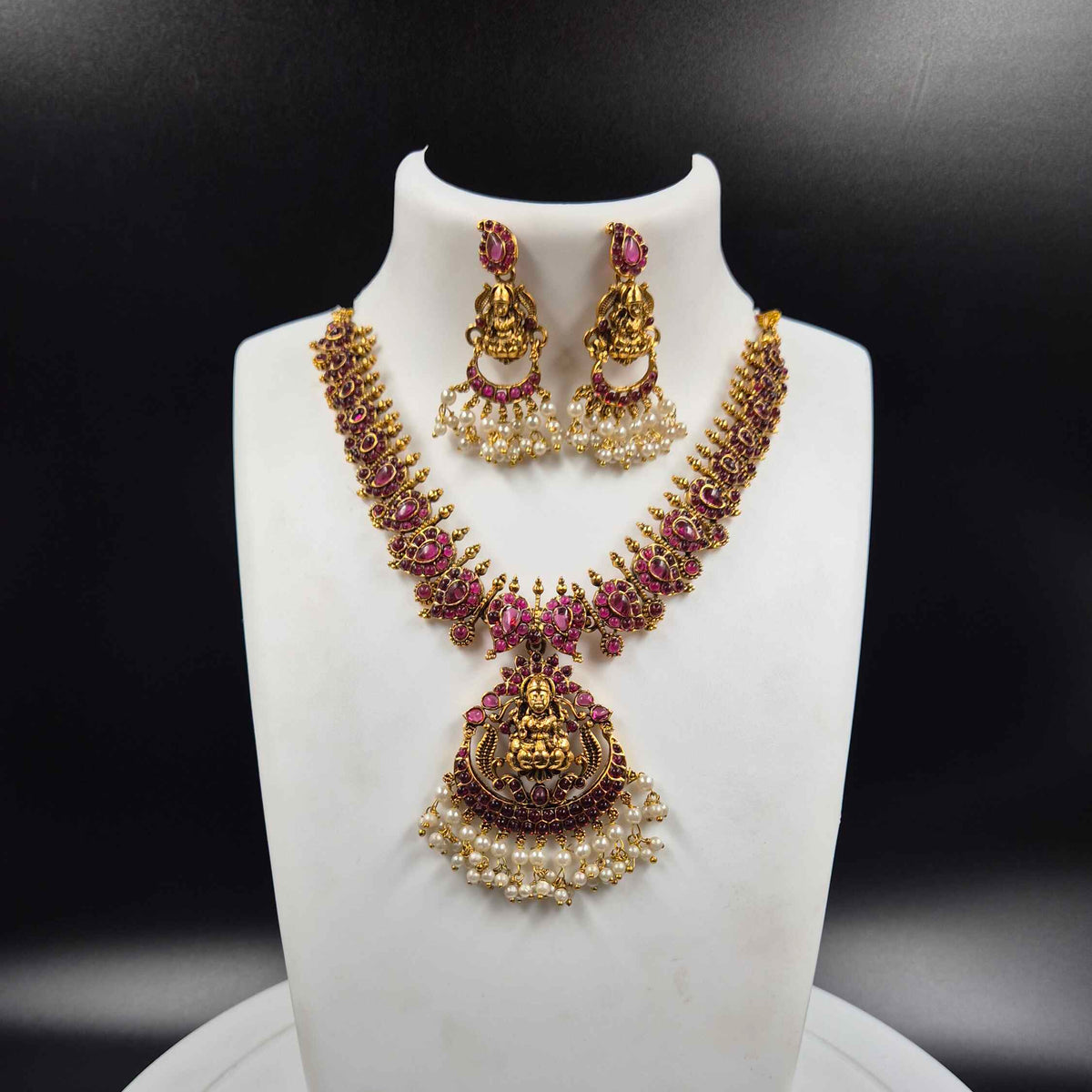 Kemp Lakshmi Temple Necklace Set with Ruby Stones & Chand bali Pearl Drops | Antique Gold Bridal Jewelry