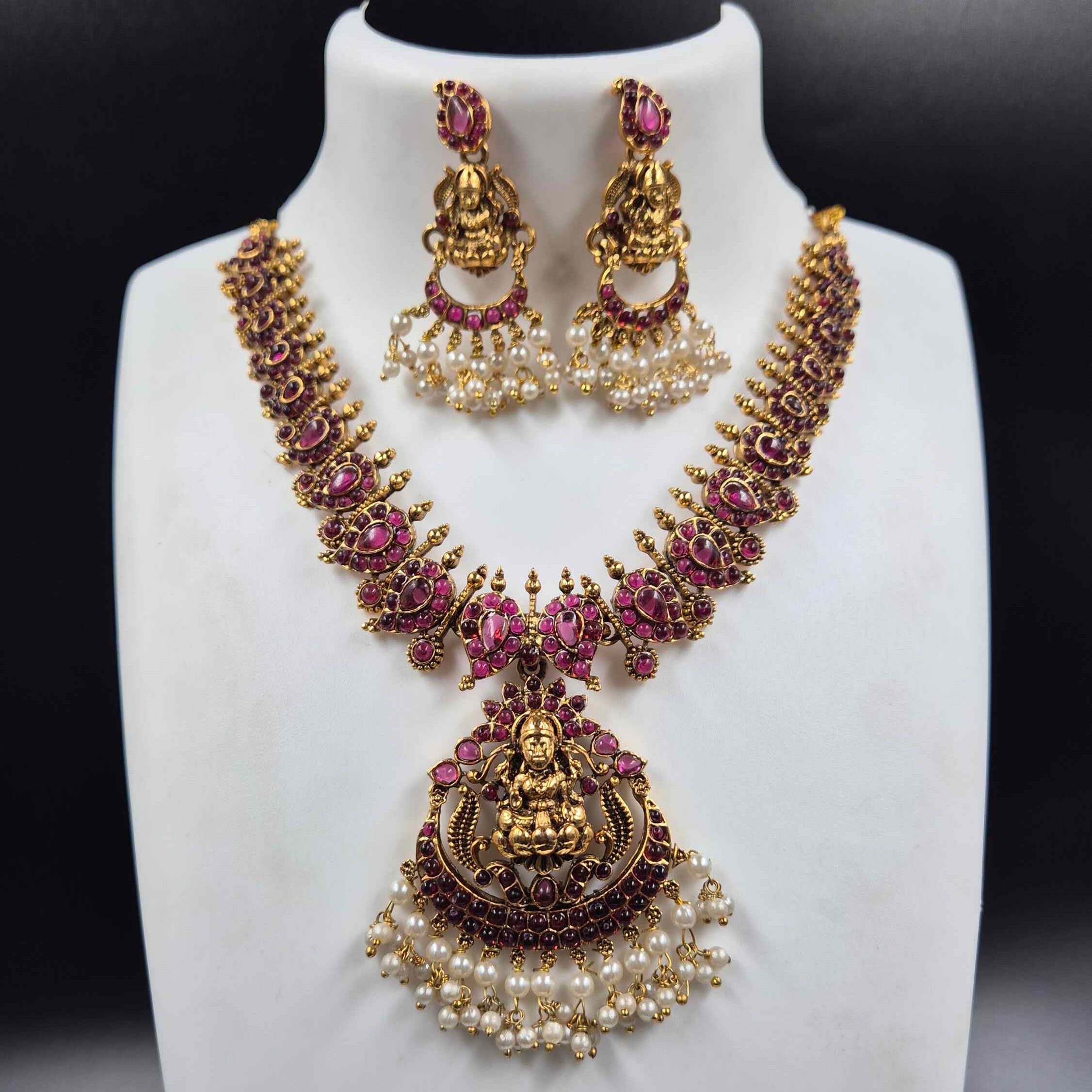 Kemp Lakshmi Temple Necklace Set with Ruby Stones & Chand bali Pearl Drops | Antique Gold Bridal Jewelry