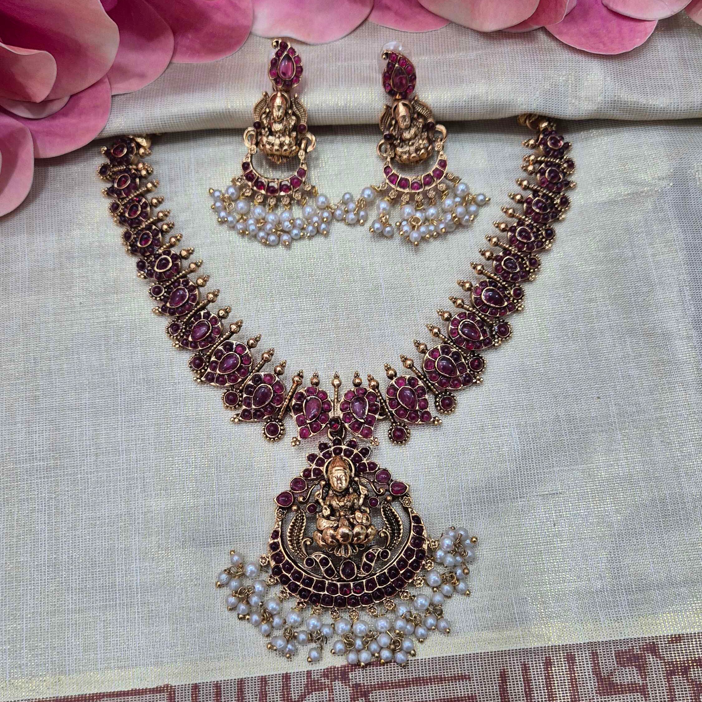 Kemp Lakshmi Temple Necklace Set with Ruby Stones & Chand bali Pearl Drops | Antique Gold Bridal Jewelry