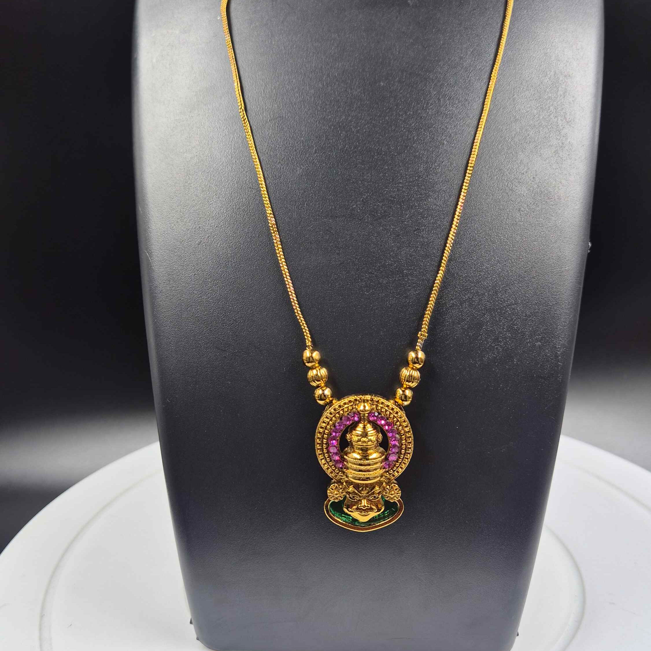 Minimal Kathakali Pendant Necklace with Green & Ruby Stones | Traditional Antique Gold Jewelry