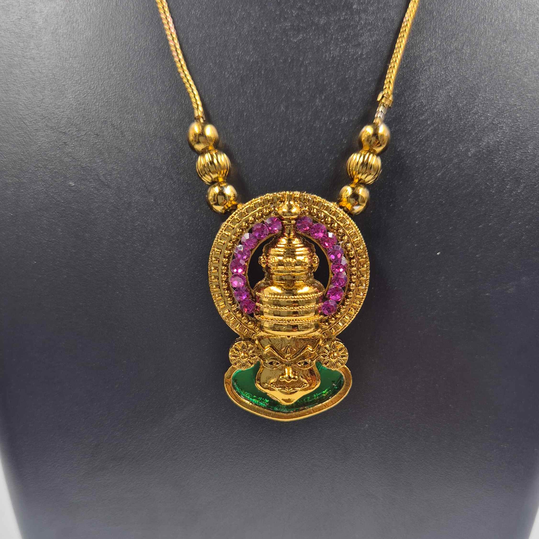 Minimal Kathakali Pendant Necklace with Green & Ruby Stones | Traditional Antique Gold Jewelry