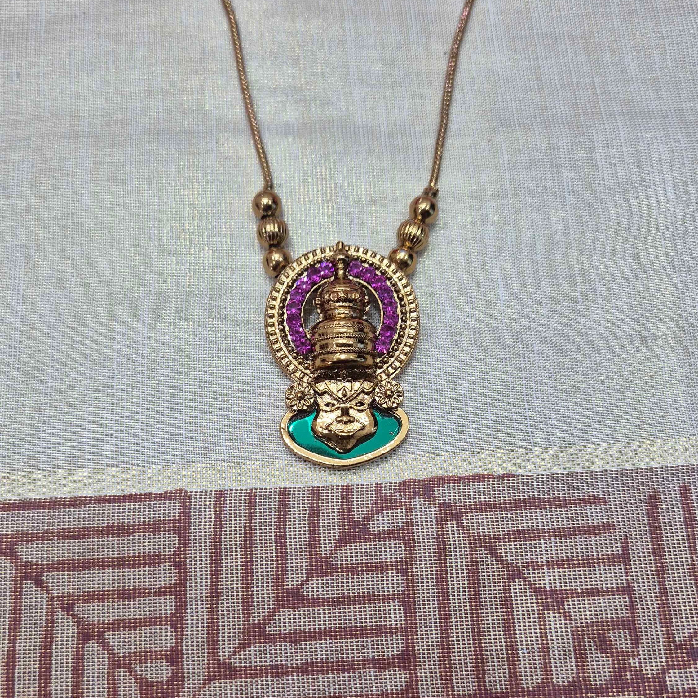 Minimal Kathakali Pendant Necklace with Green & Ruby Stones | Traditional Antique Gold Jewelry