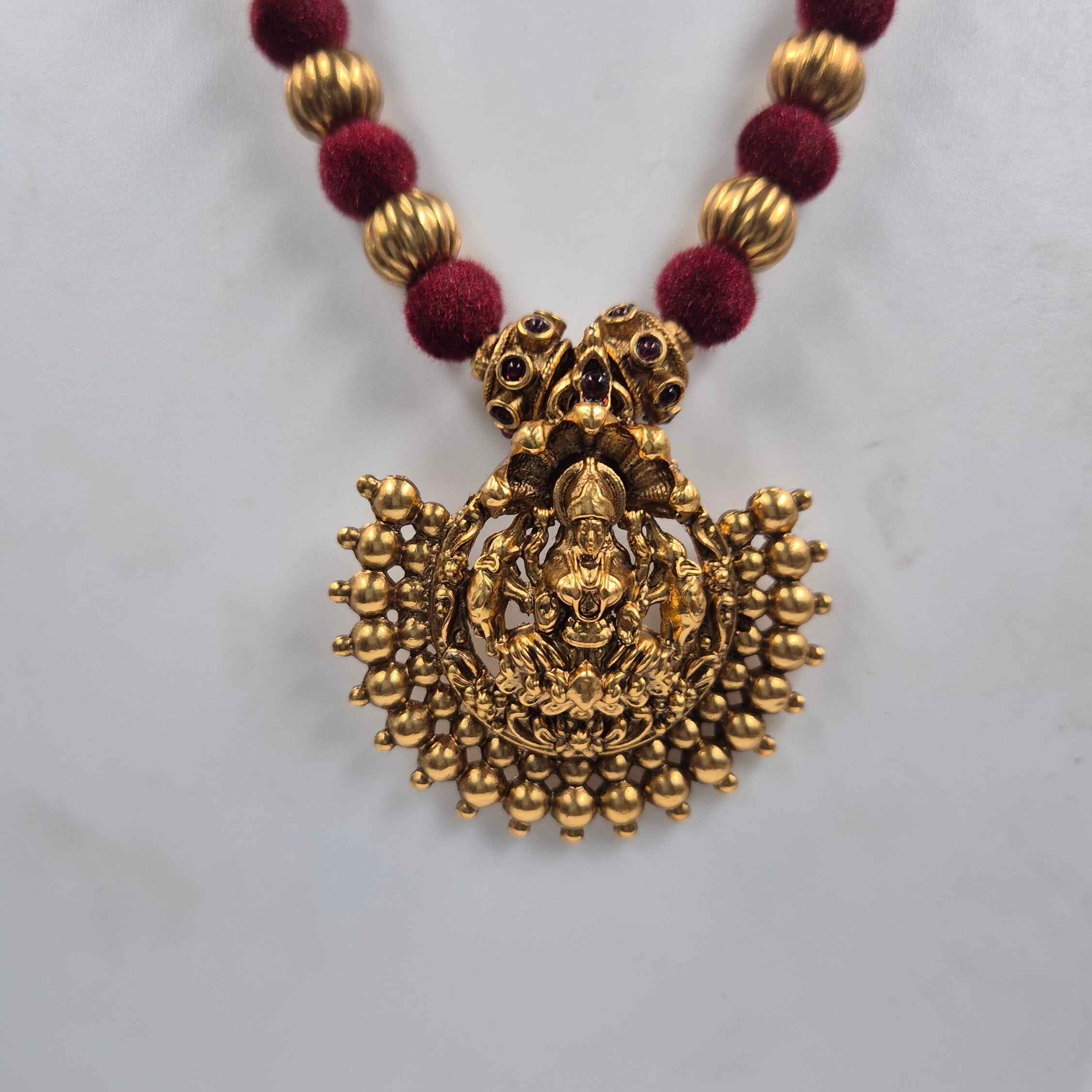Antique Lakshmi Pendant Necklace Set with Maroon velvety Beads | Traditional Temple Jewelry for Women