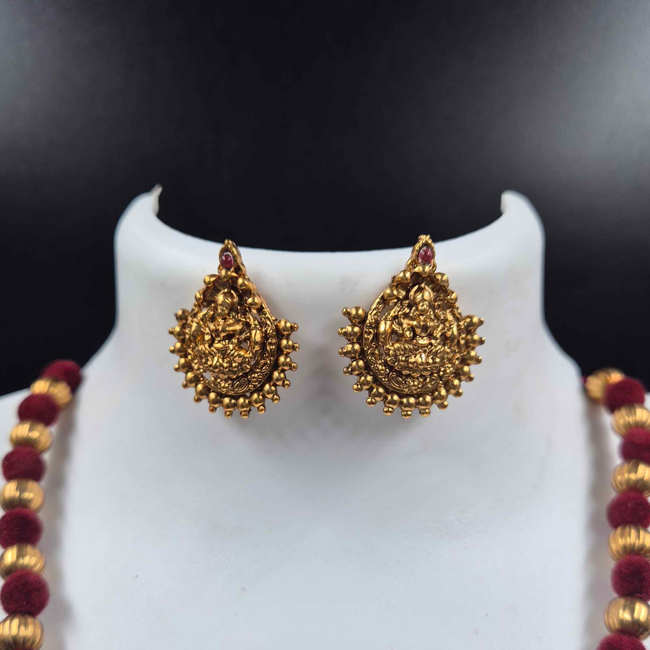 Antique Lakshmi Pendant Necklace Set with Maroon velvety Beads | Traditional Temple Jewelry for Women