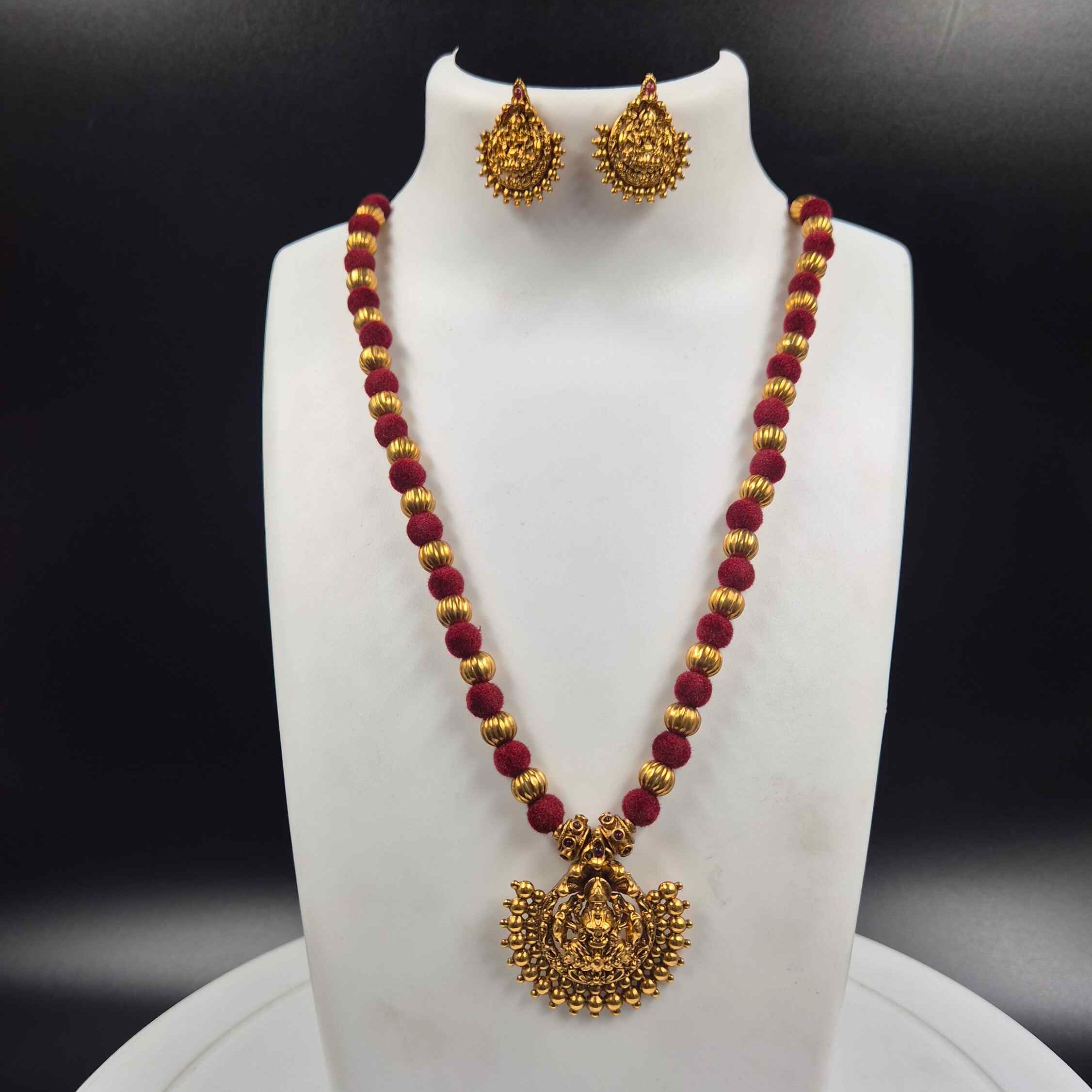 Antique Lakshmi Pendant Necklace Set with Maroon velvety Beads | Traditional Temple Jewelry for Women