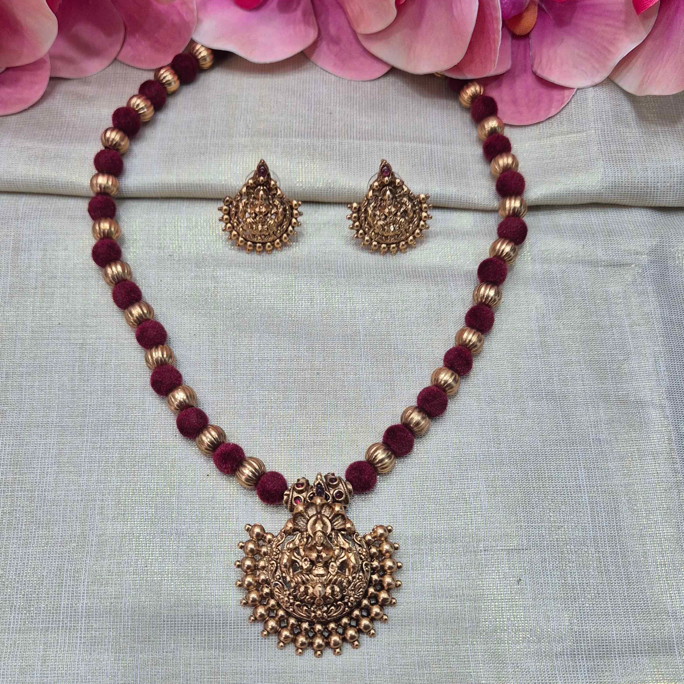 Antique Lakshmi Pendant Necklace Set with Maroon velvety Beads | Traditional Temple Jewelry for Women