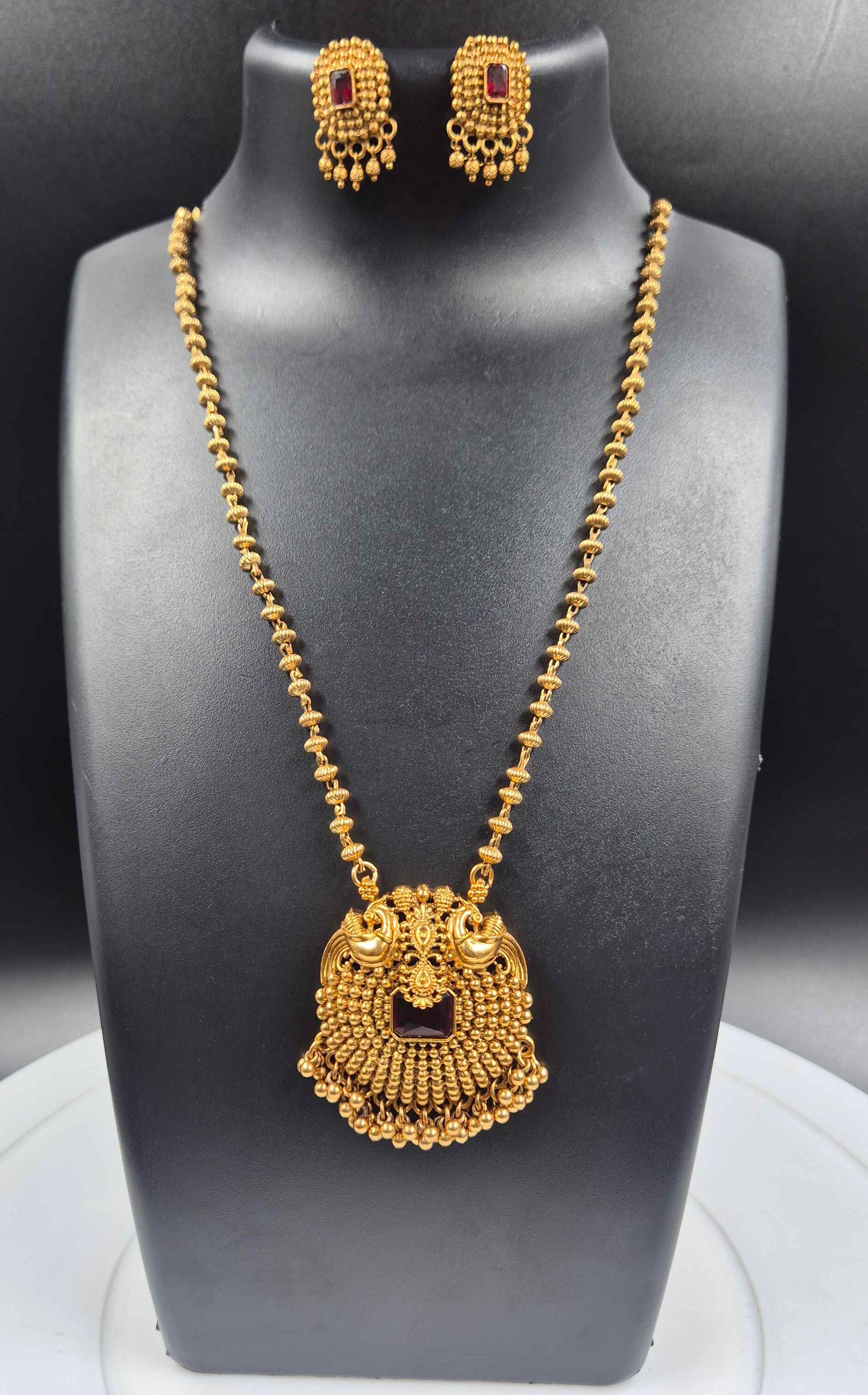 Antique Peacock Pendant Long Necklace Set with Ruby Stone Accents | Traditional South Indian Jewelry