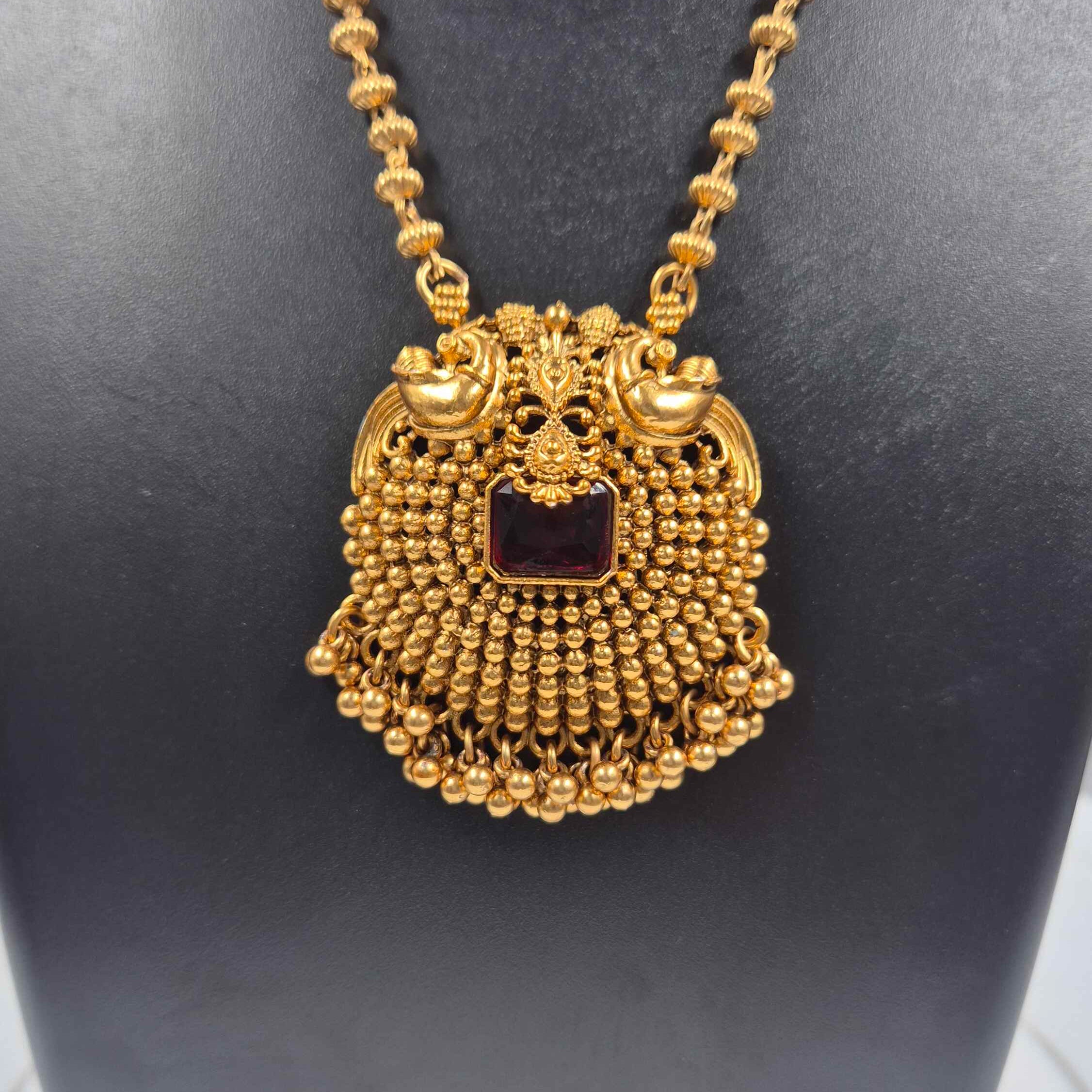Antique Peacock Pendant Long Necklace Set with Ruby Stone Accents | Traditional South Indian Jewelry