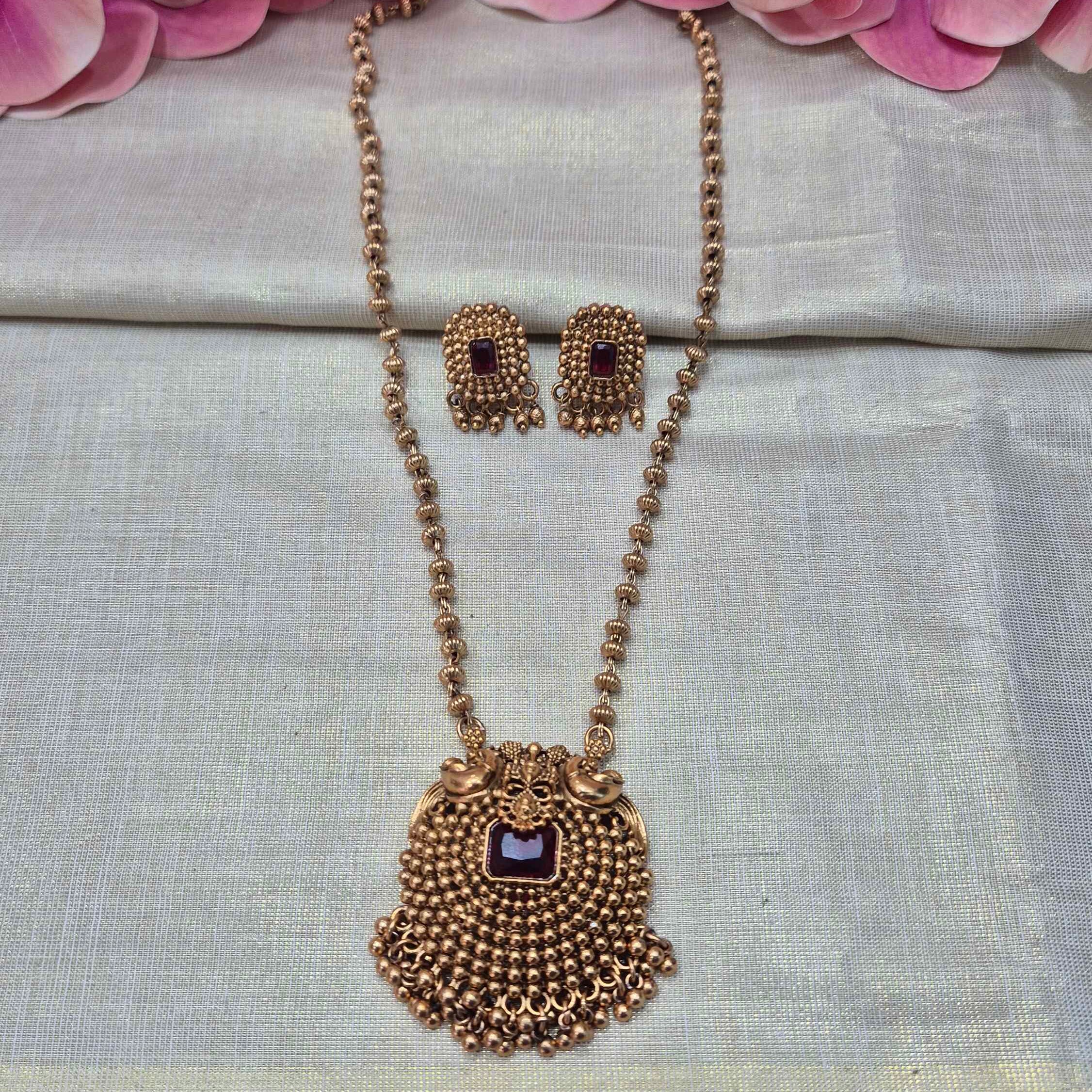 Antique Peacock Pendant Long Necklace Set with Ruby Stone Accents | Traditional South Indian Jewelry