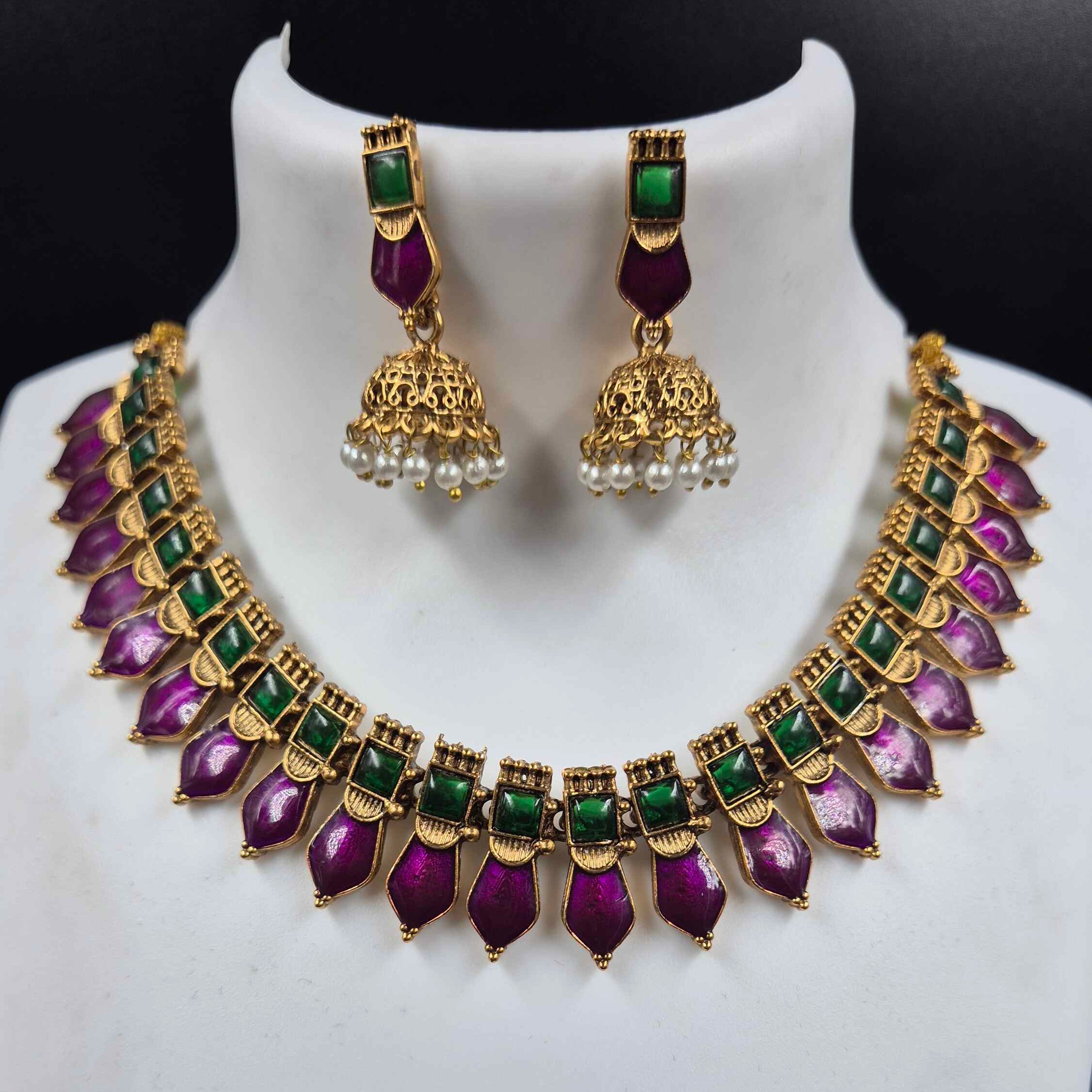 Antique Purple palakka Necklace Set with Pearl Jhumka Earrings | Traditional South Indian Jewelry