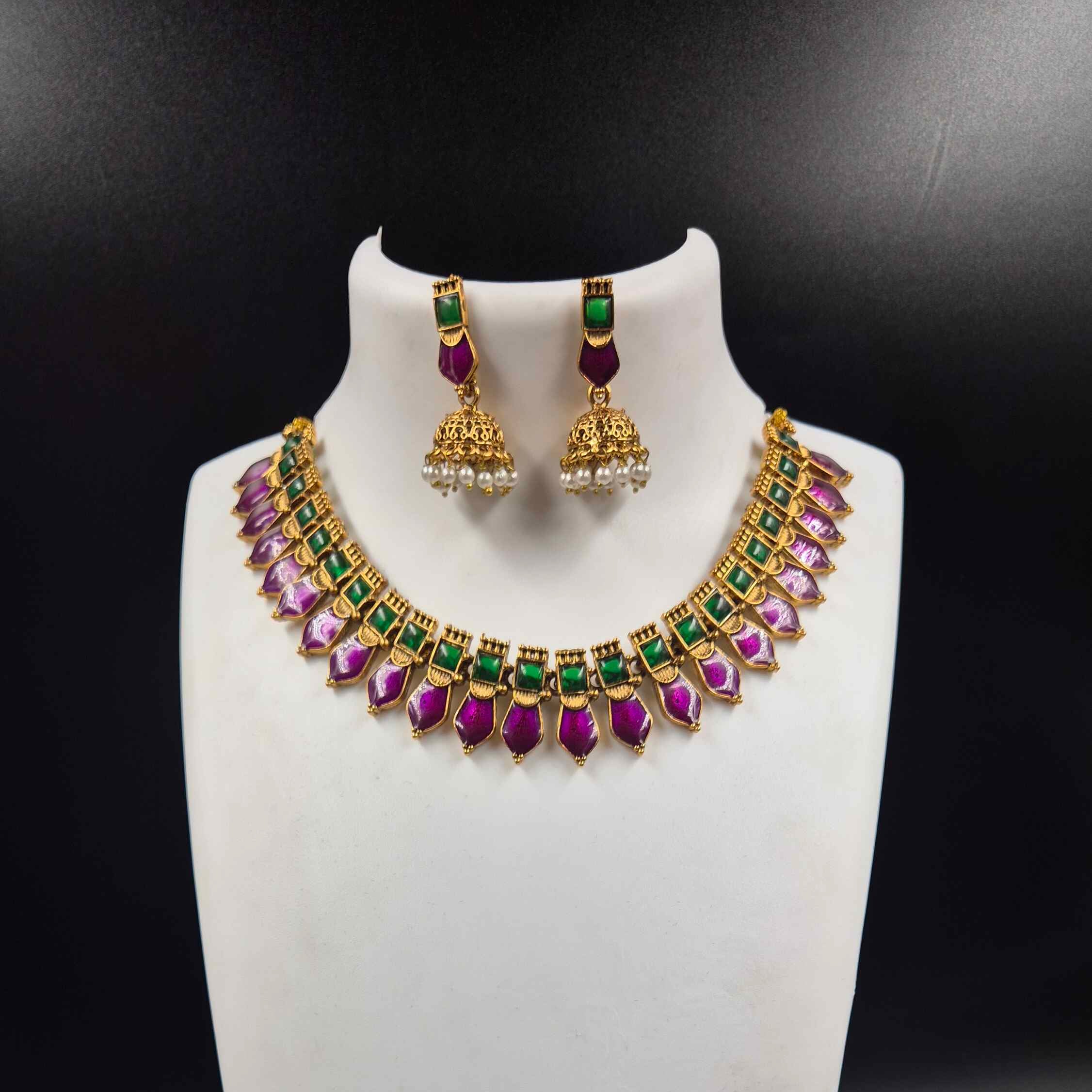 Antique Purple palakka Necklace Set with Pearl Jhumka Earrings | Traditional South Indian Jewelry