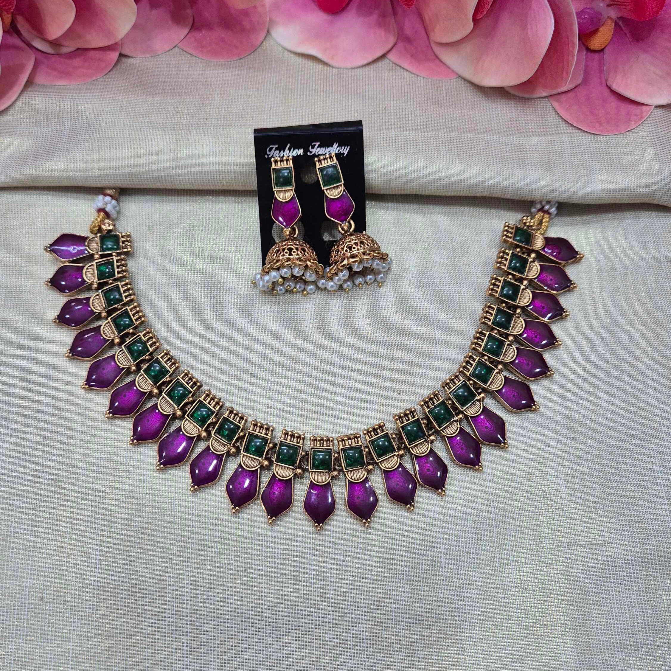Antique Purple palakka Necklace Set with Pearl Jhumka Earrings | Traditional South Indian Jewelry