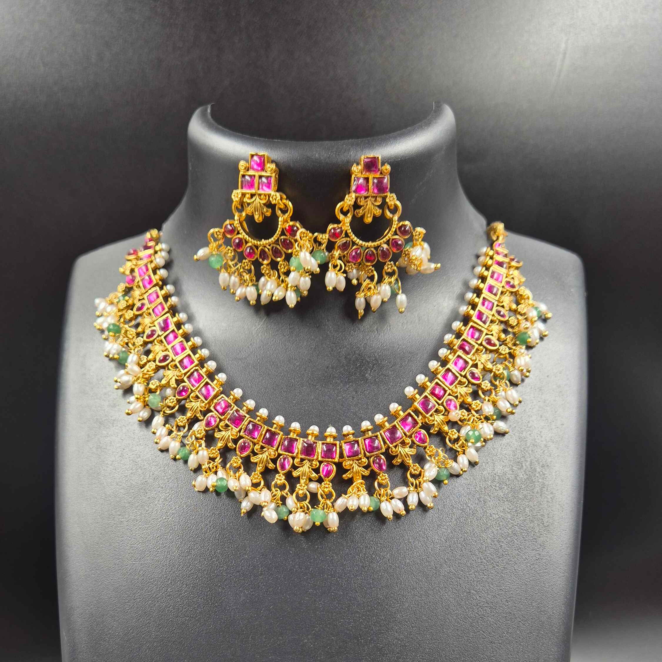 Ruby Stone Choker Necklace Set with Pearl & Green Bead Danglers | Antique Gold Bridal Jewelry
