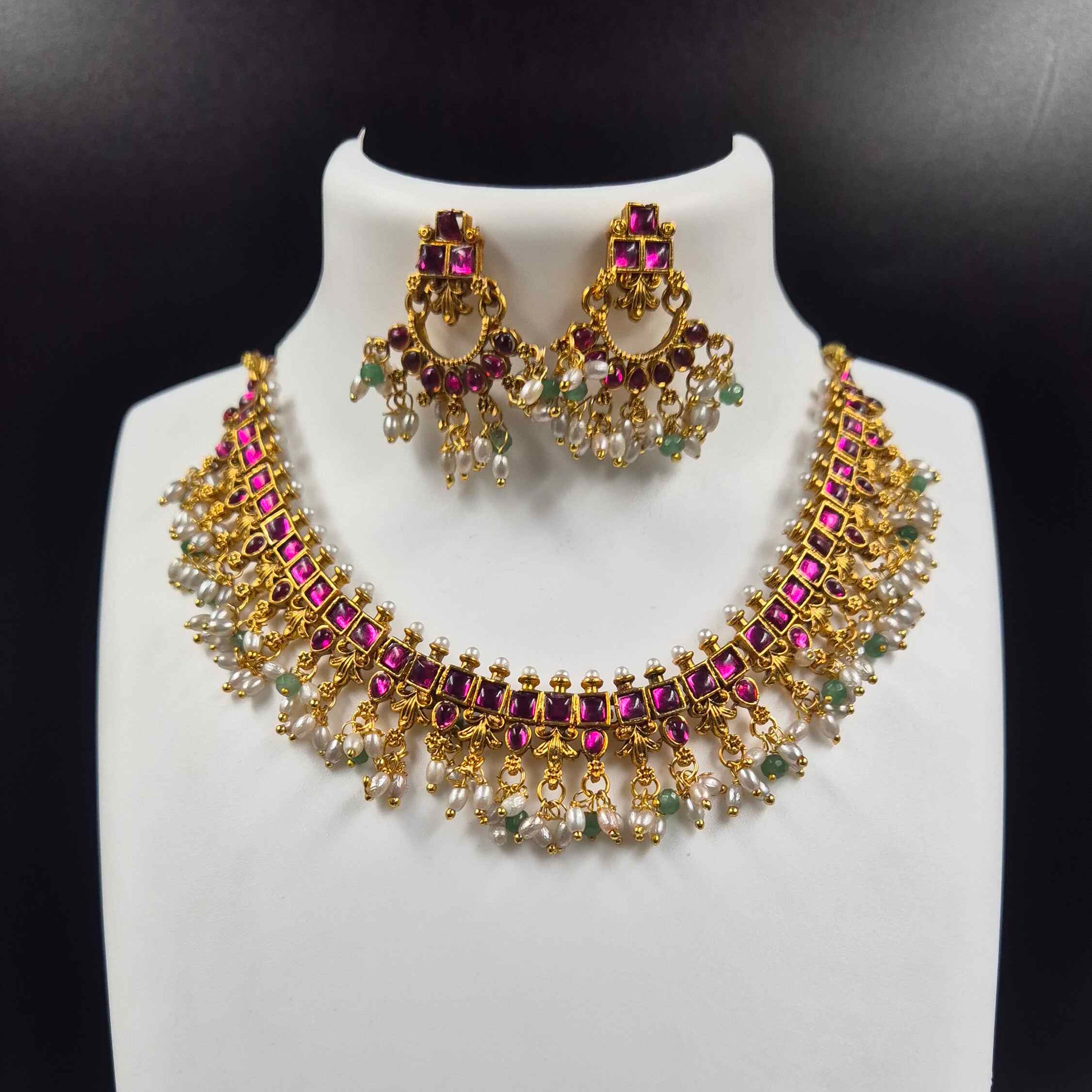 Ruby Stone Choker Necklace Set with Pearl & Green Bead Danglers | Antique Gold Bridal Jewelry