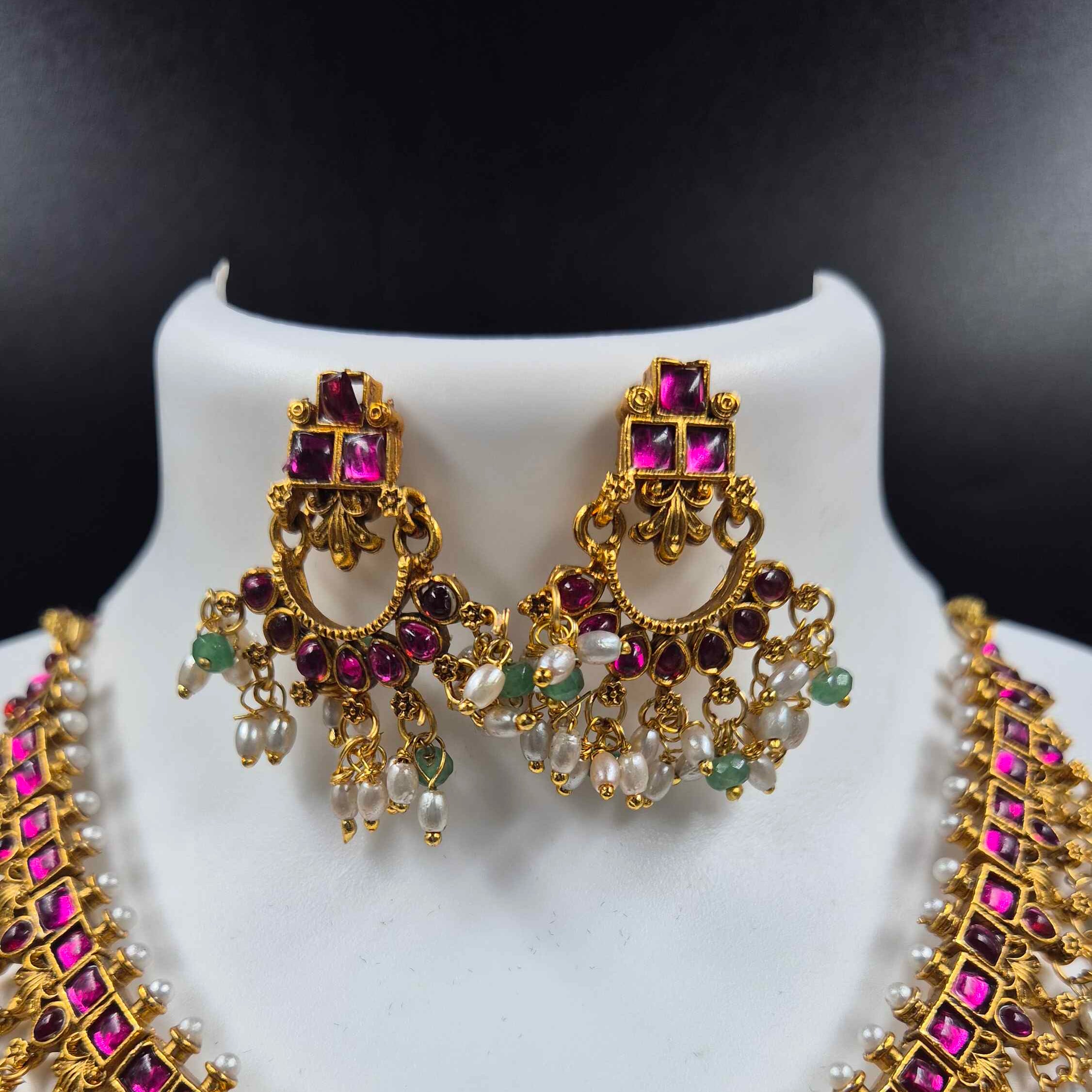 Ruby Stone Choker Necklace Set with Pearl & Green Bead Danglers | Antique Gold Bridal Jewelry