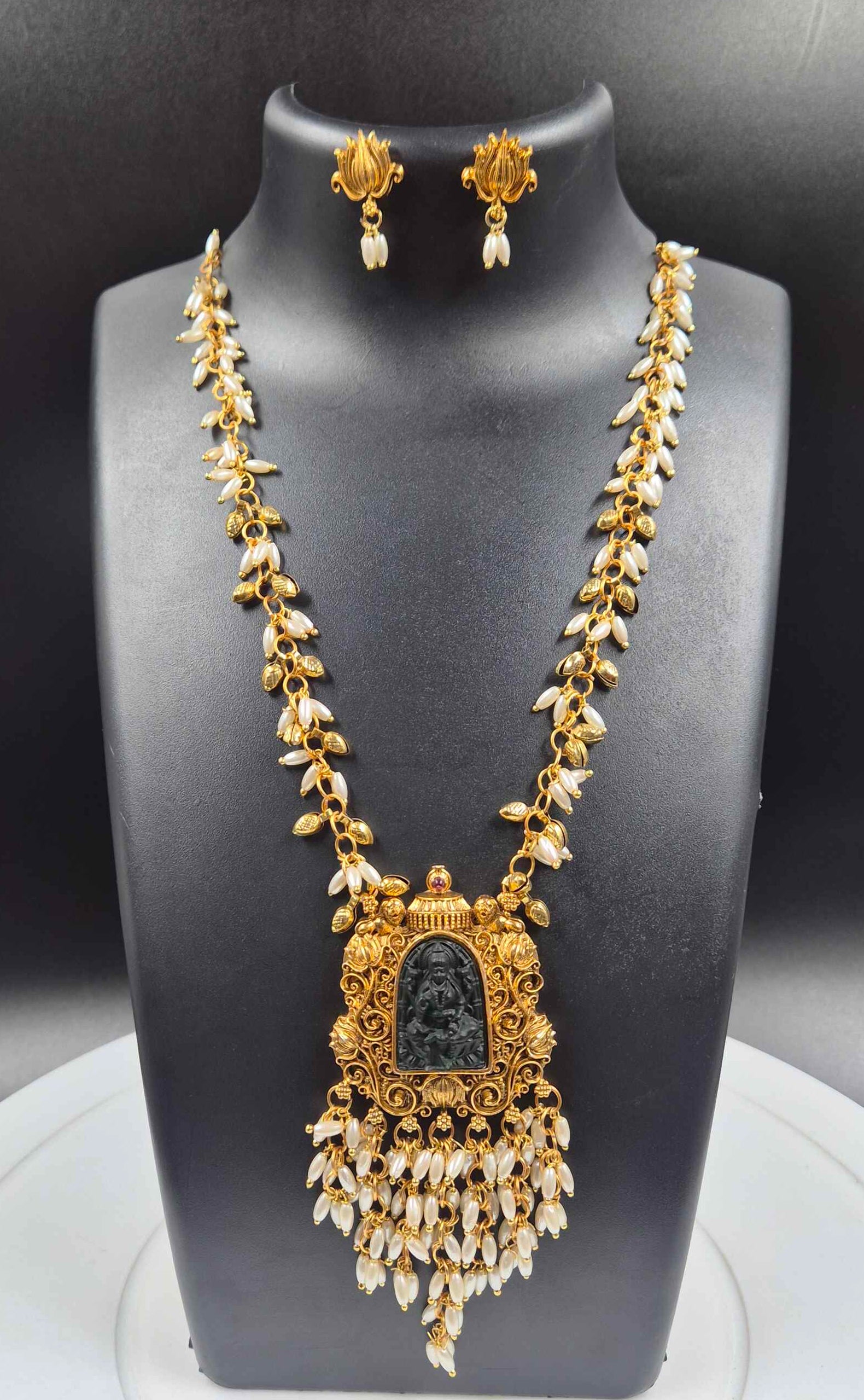 Temple Pendant Long Necklace with Pearl Drops | Antique Gold Lakshmi Jewelry Set