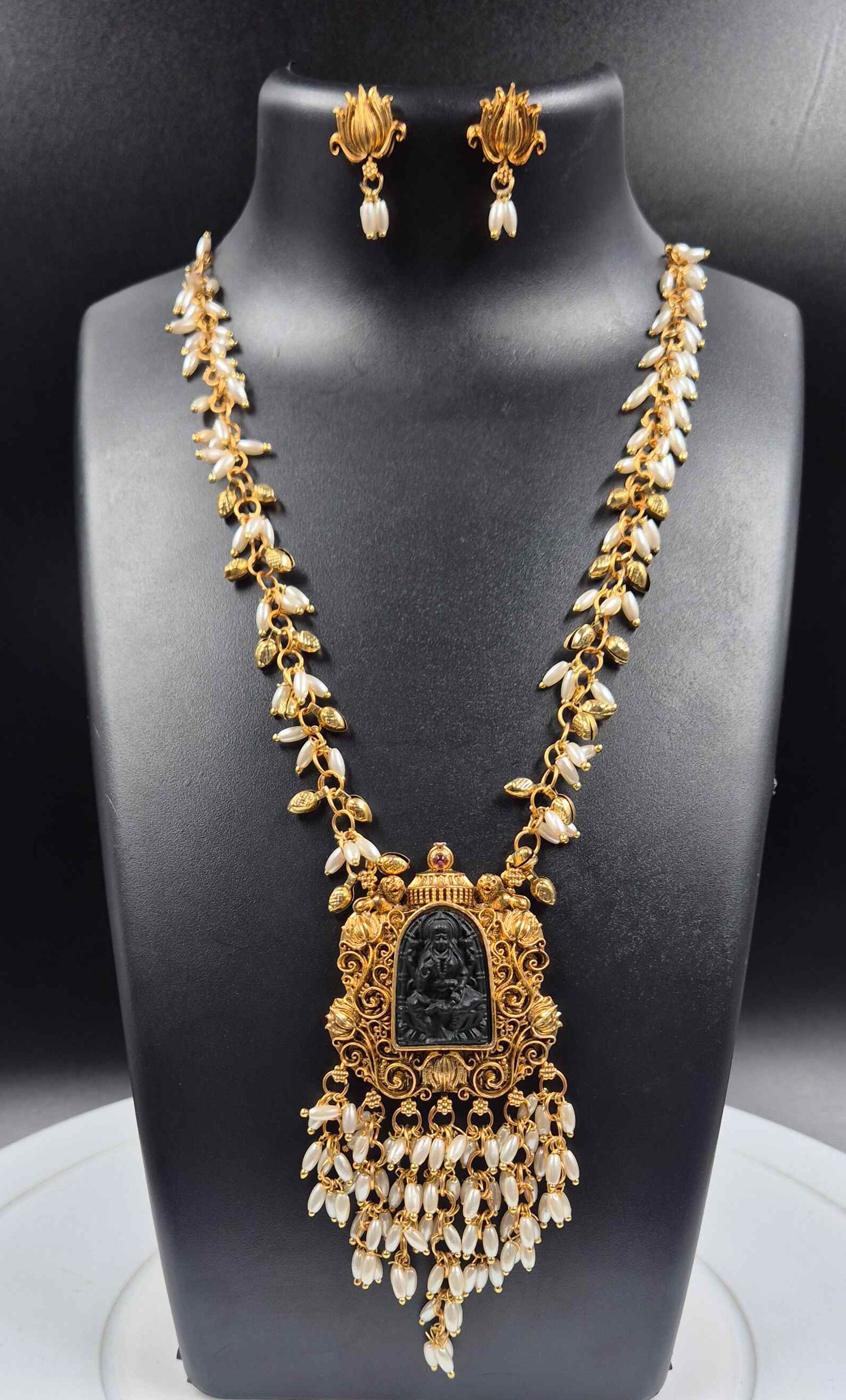 Temple Pendant Long Necklace with Pearl Drops | Antique Gold Lakshmi Jewelry Set