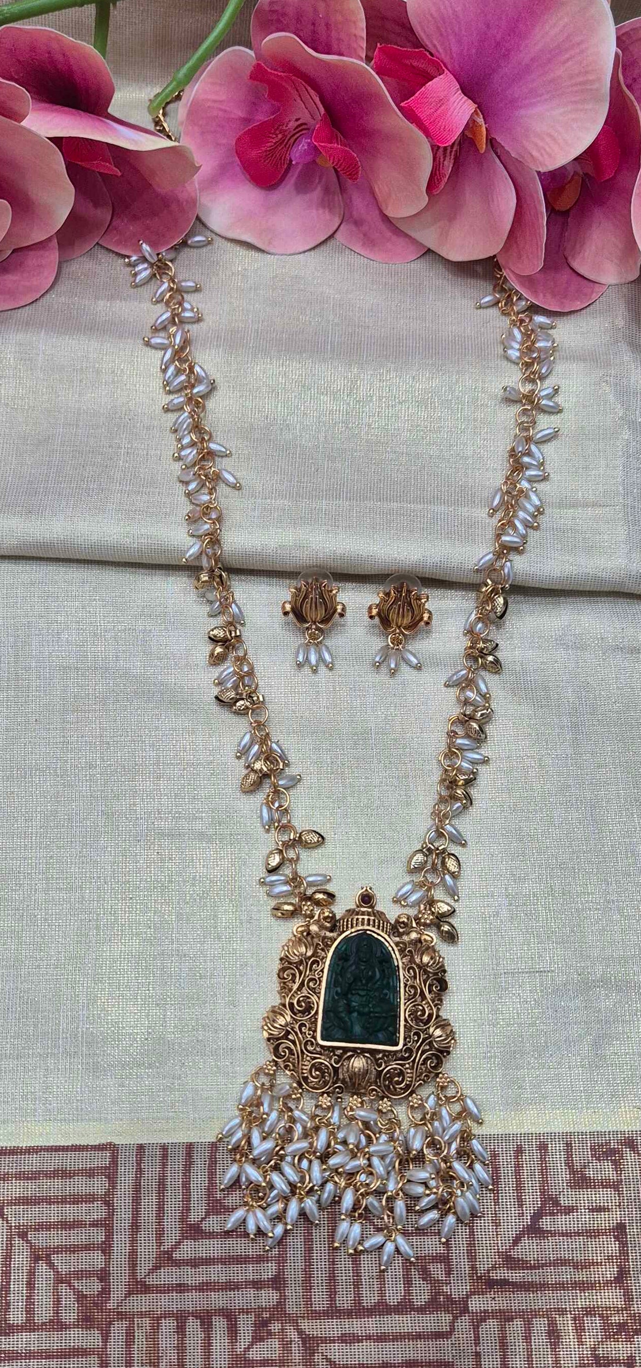 Temple Pendant Long Necklace with Pearl Drops | Antique Gold Lakshmi Jewelry Set