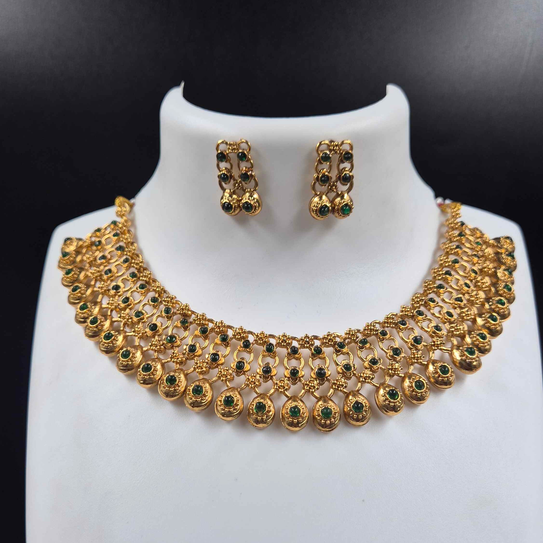 Traditional Kerala Green Stone Choker Necklace Set | Antique Gold Bridal Jewelry
