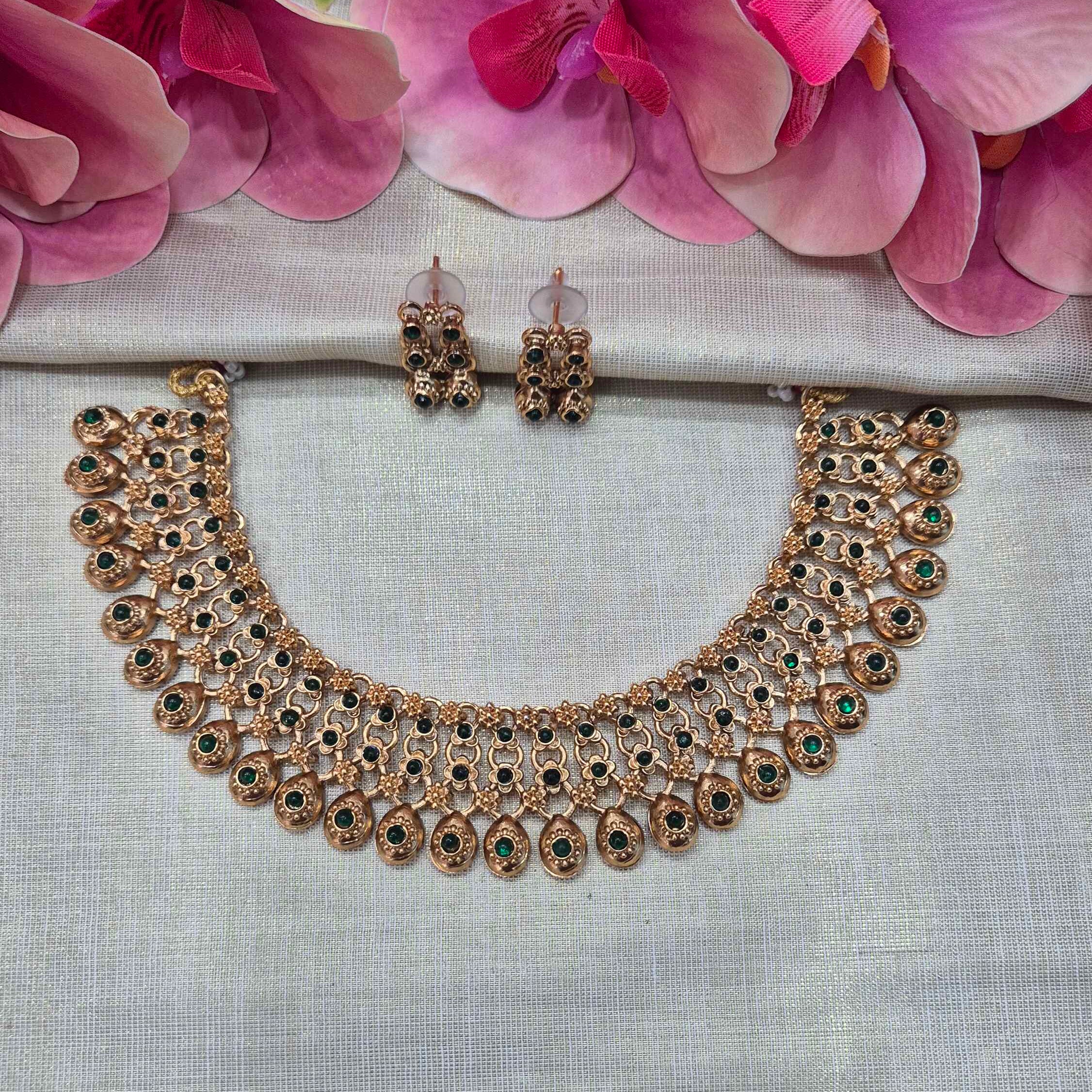 Traditional Kerala Green Stone Choker Necklace Set | Antique Gold Bridal Jewelry
