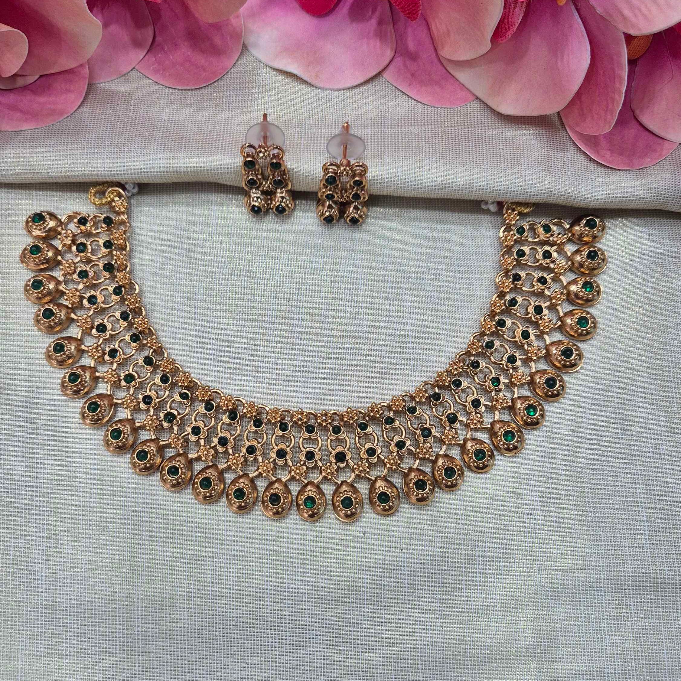 Traditional Kerala Green Stone Choker Necklace Set | Antique Gold Bridal Jewelry