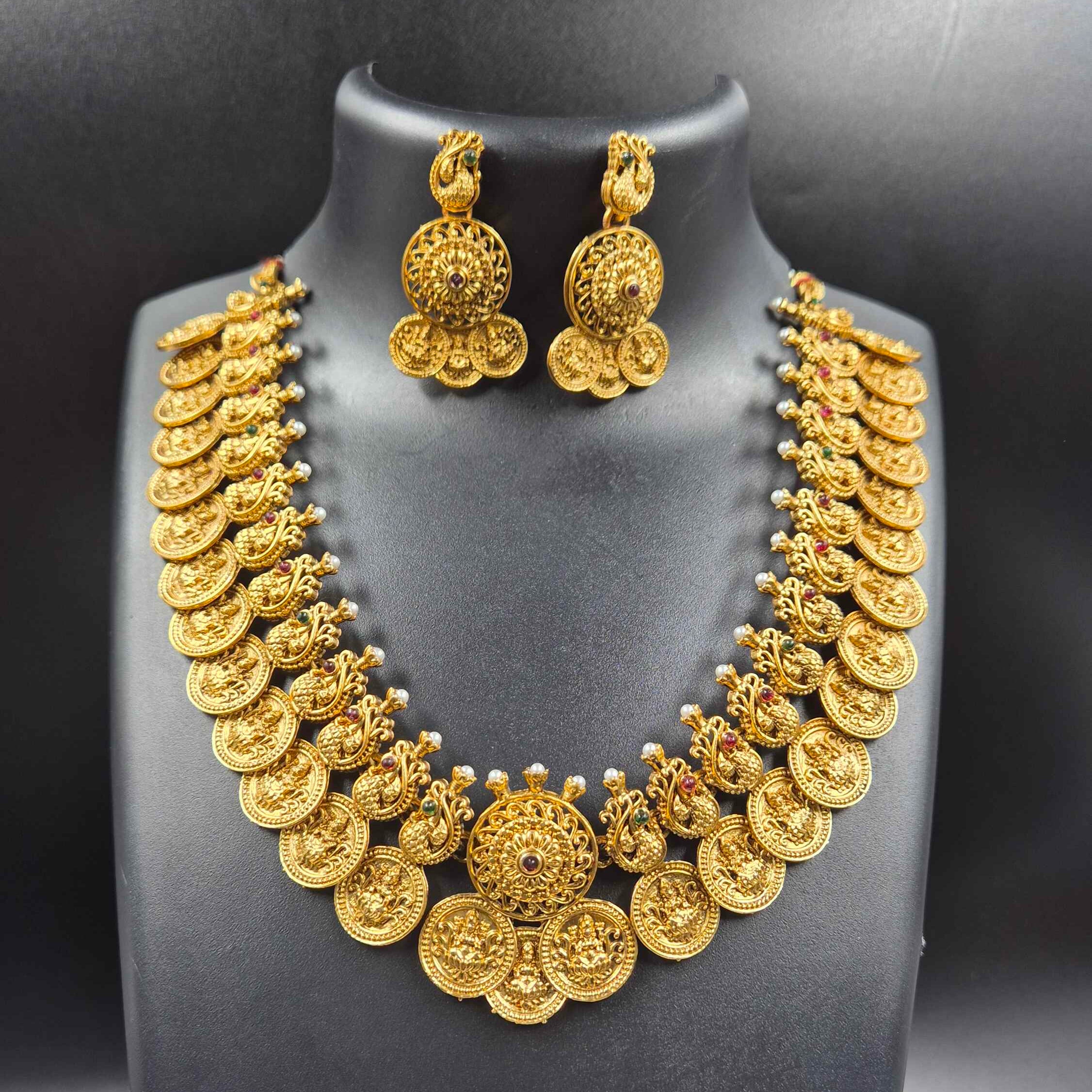 Traditional Kasu Mala Necklace Set | Kerala Coin Necklace in Antique Gold Finish