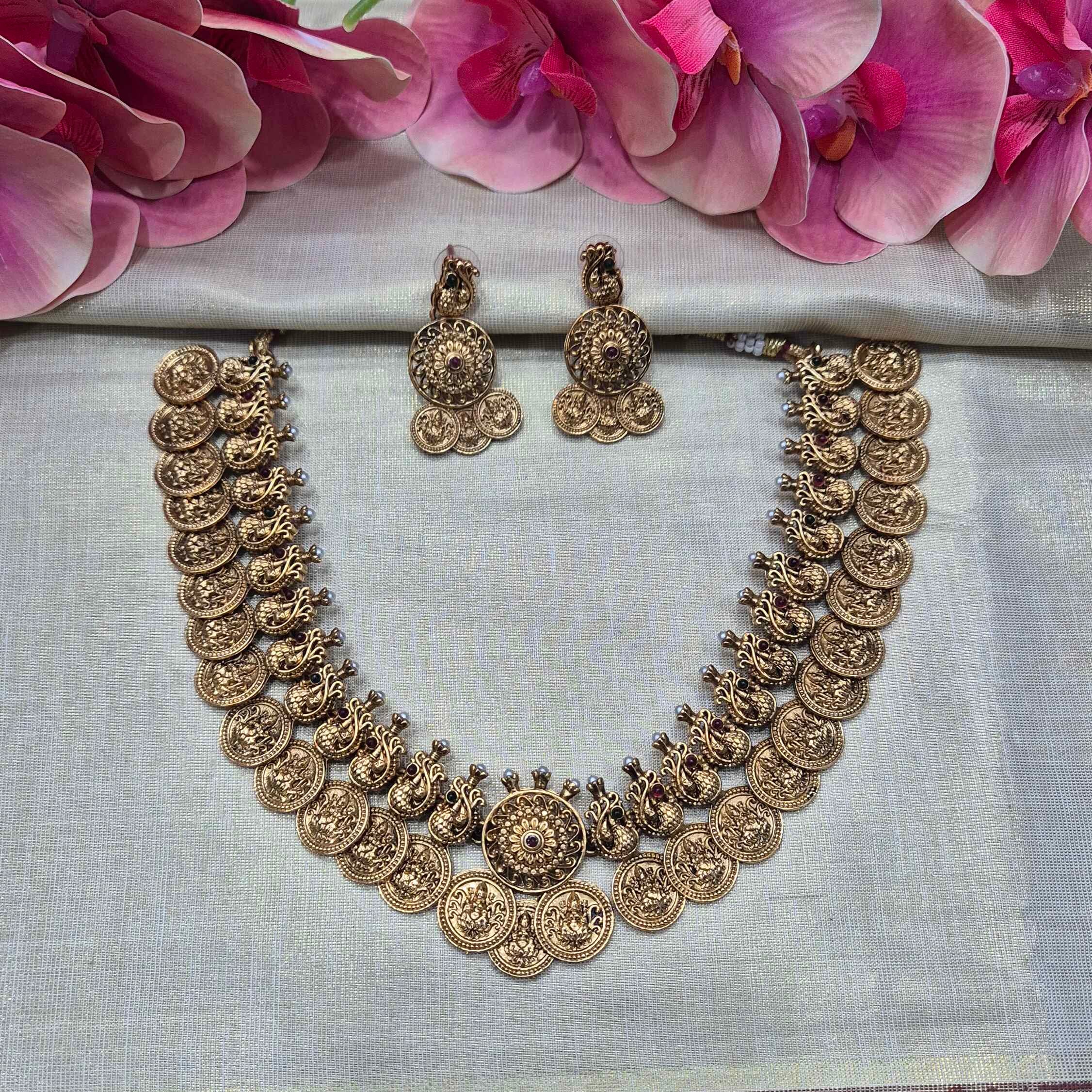 Traditional Kasu Mala Necklace Set | Kerala Coin Necklace in Antique Gold Finish