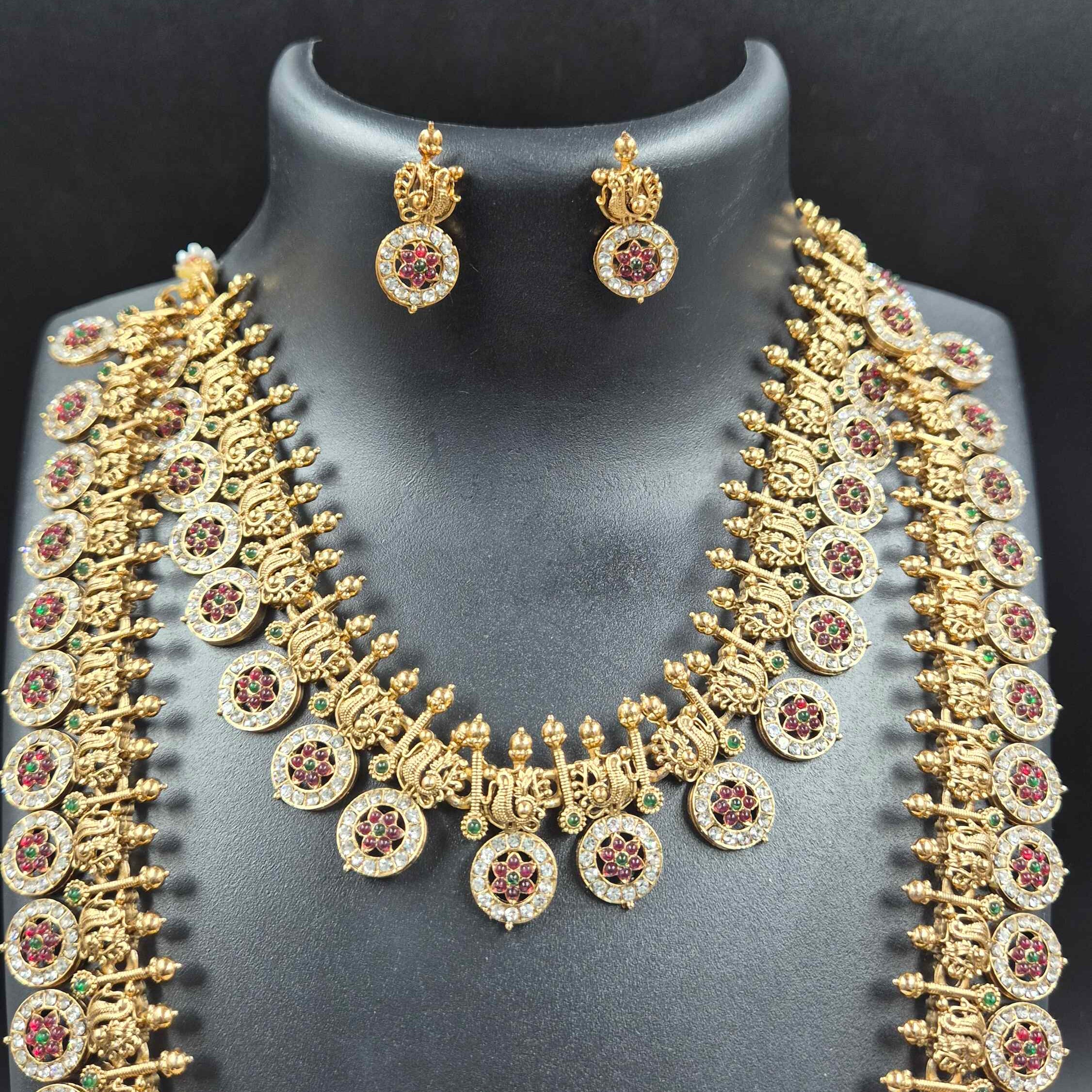 Traditional Kerala Long coin Haram +Necklace combo Set | Antique Gold Bridal Jewelry with Ruby Stones  Product Description: