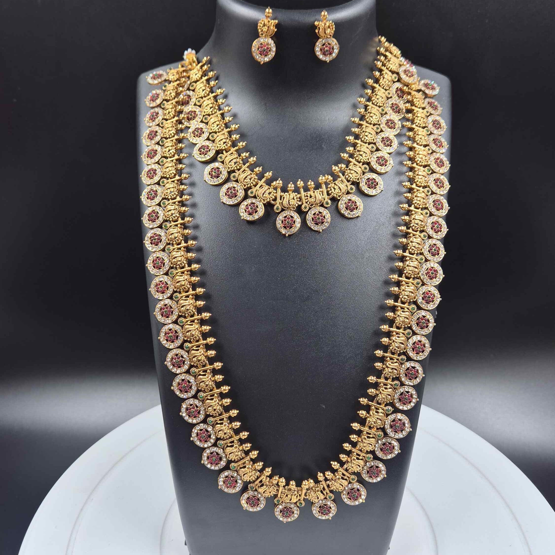 Traditional Kerala Long coin Haram +Necklace combo Set | Antique Gold Bridal Jewelry with Ruby Stones  Product Description: