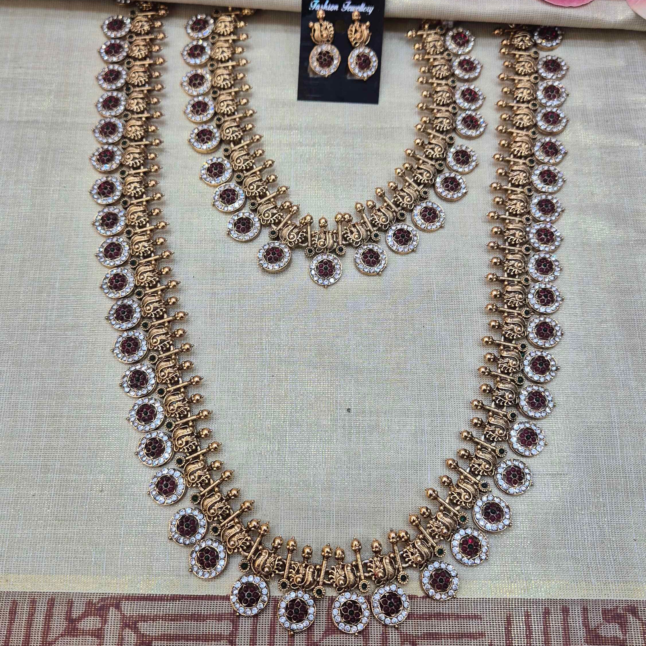 Traditional Kerala Long coin Haram +Necklace combo Set | Antique Gold Bridal Jewelry with Ruby Stones  Product Description: